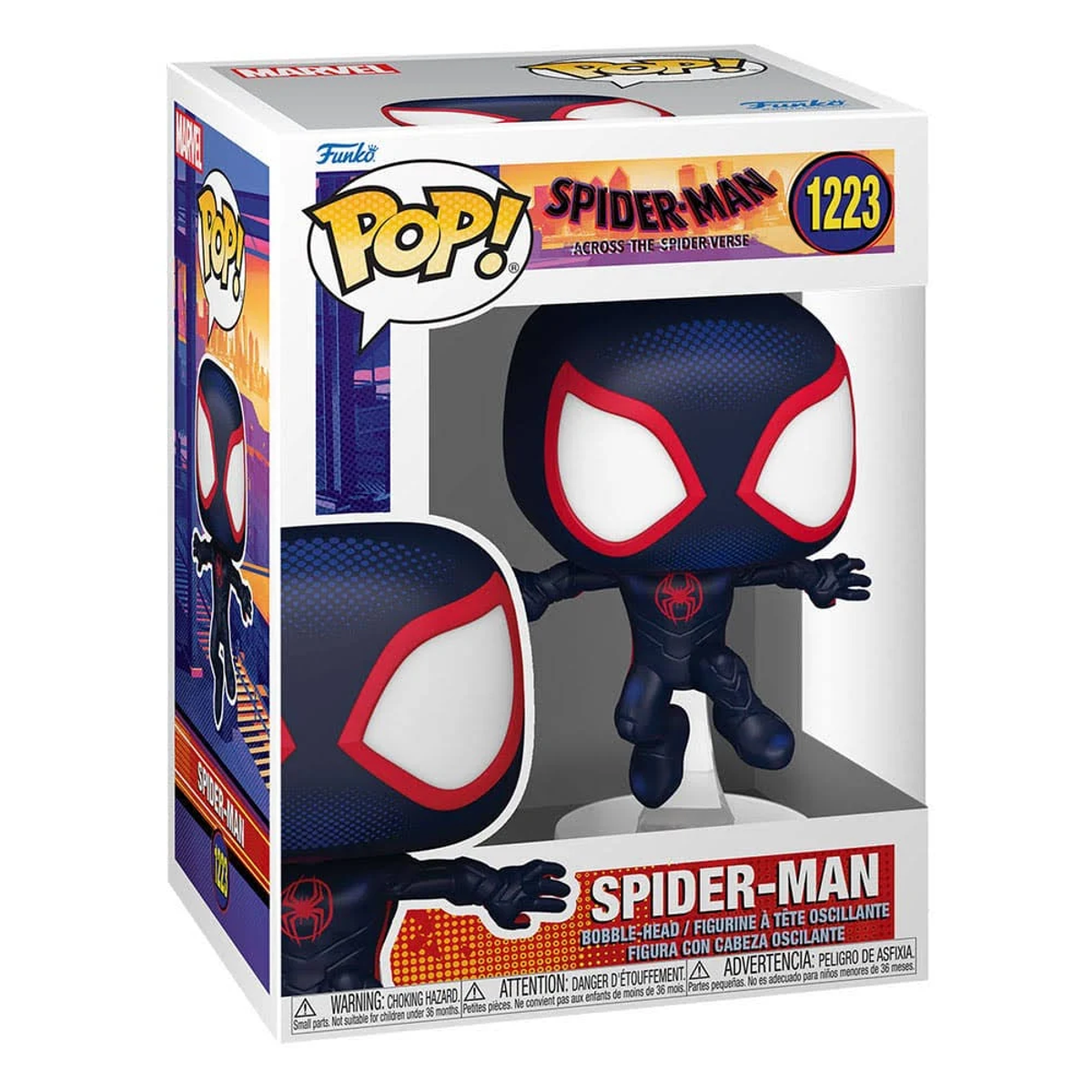 Ein Funko Pop von Spider-Man. Es befindet sich in einer Box mit Spider-Man und Pop!-Marken.