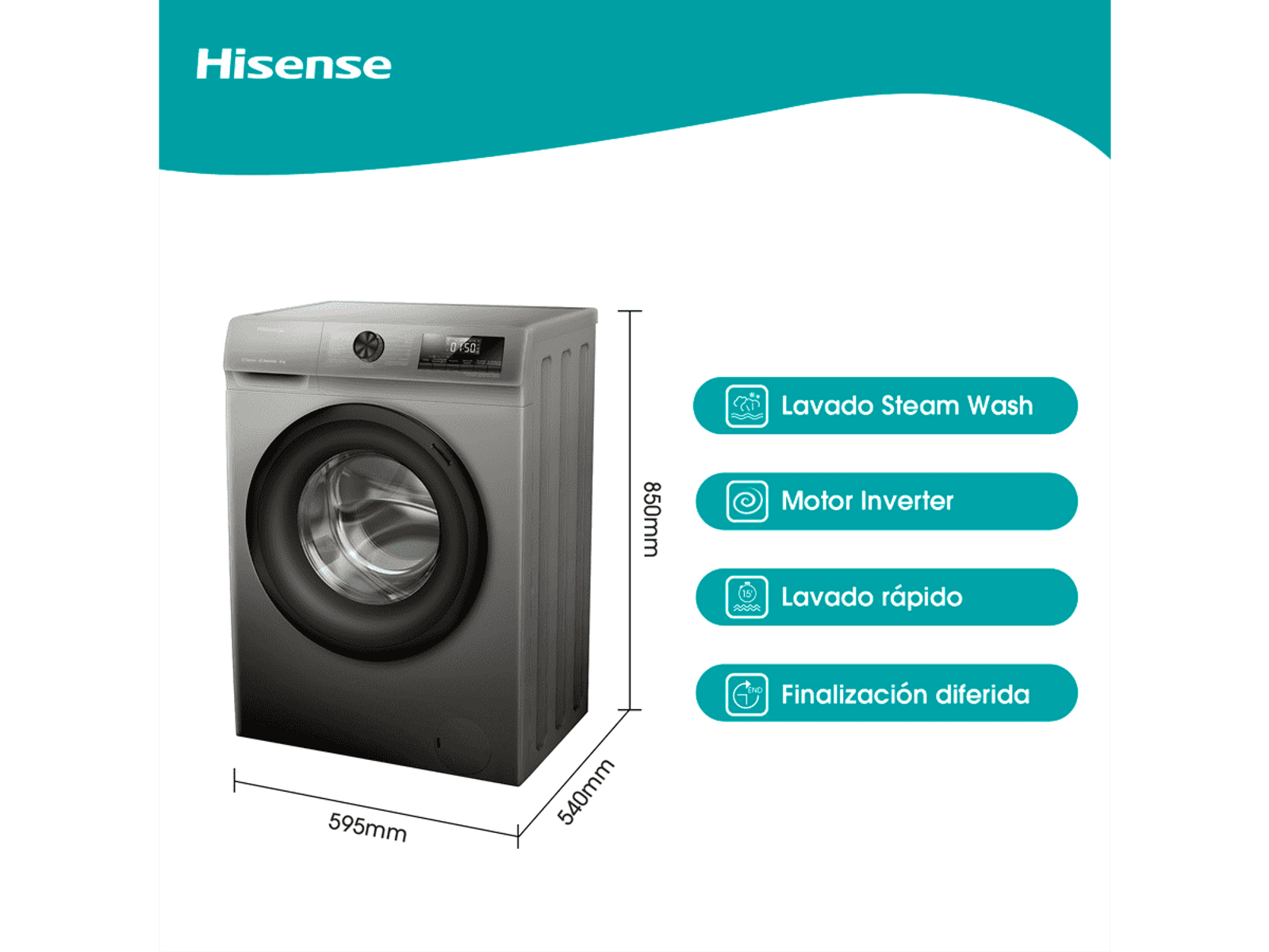 Lavatrice Hisense, grigia, con dimensioni e icone delle funzioni su sfondo bianco.