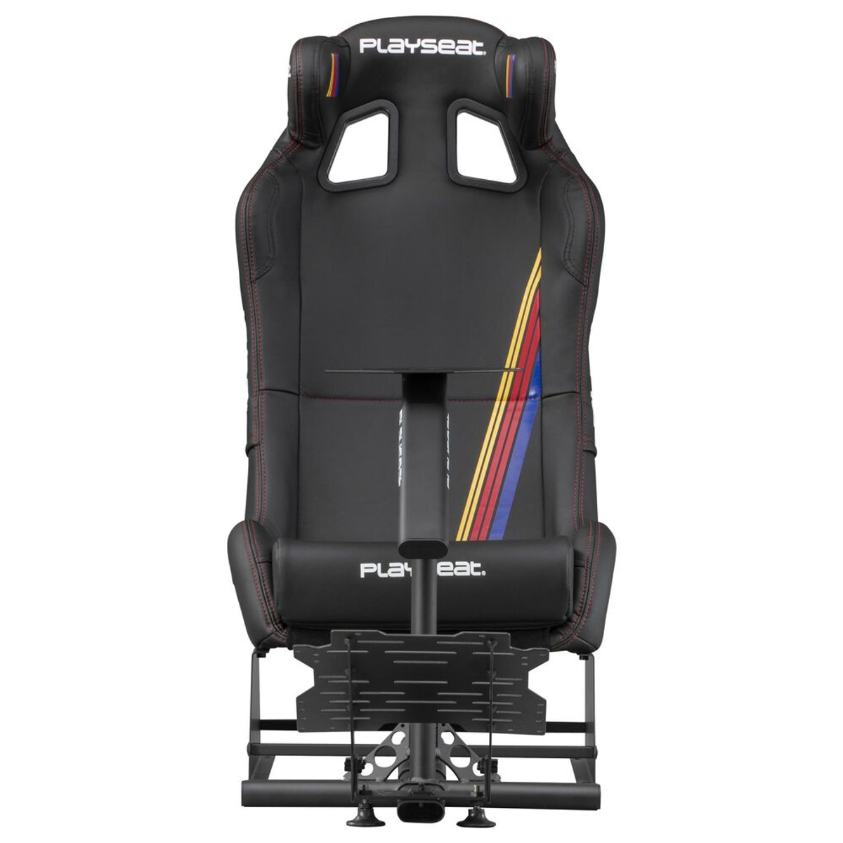 Silla gaming negra con rayas rojas y de colores. Tiene un logo en la parte superior.