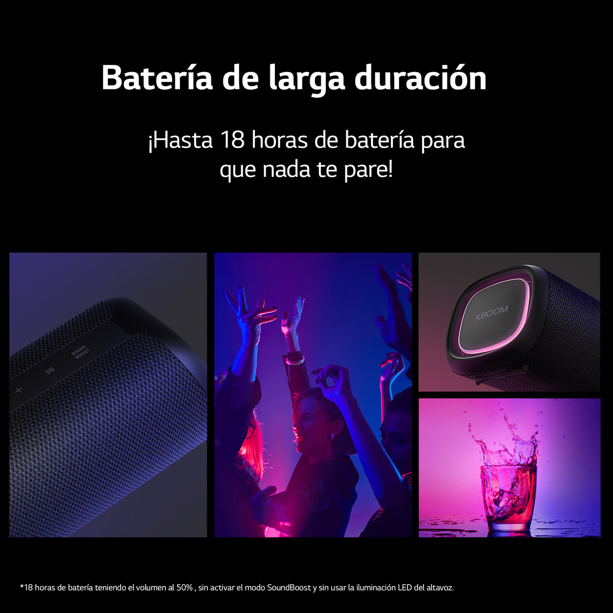 Anuncio de un altavoz. Muestra diferentes tomas: altavoz, personas, agua en un vaso.