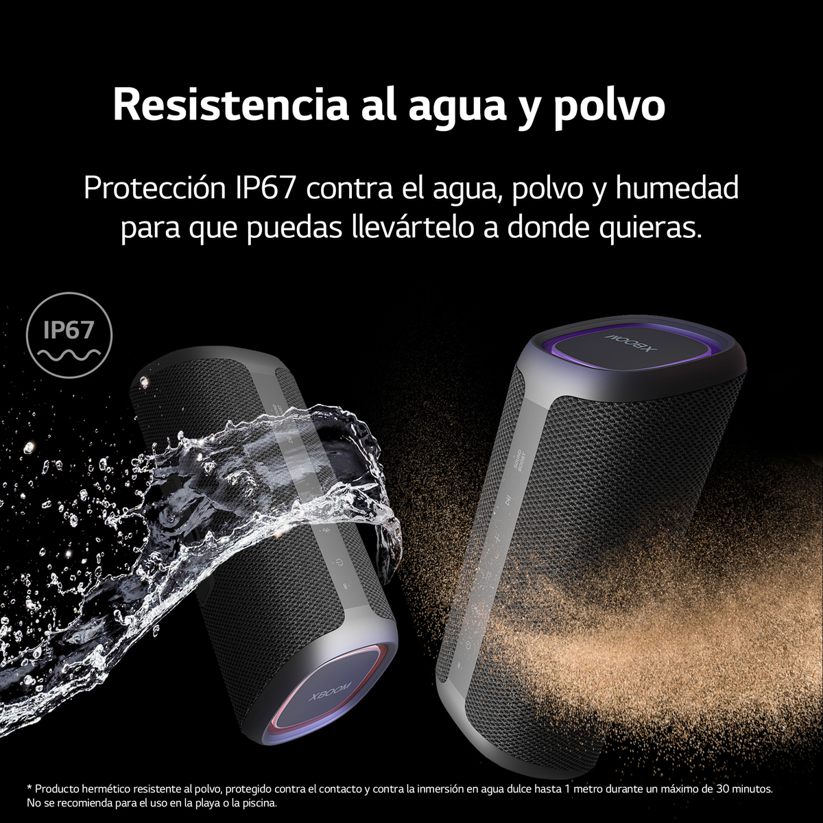Altavoces negros impermeables con salpicaduras de agua, sobre fondo negro.