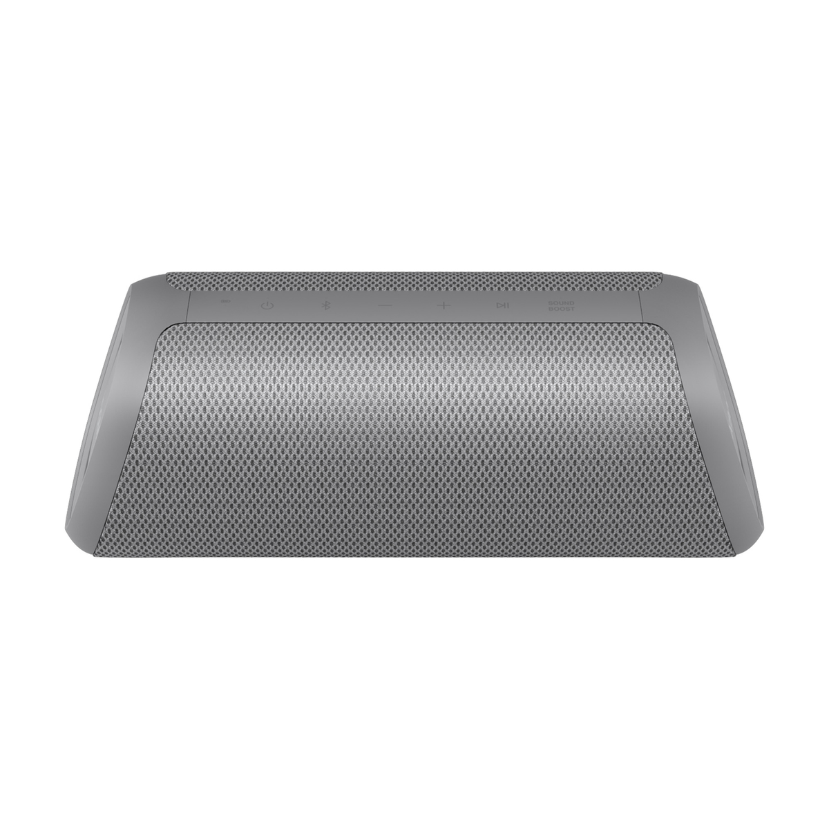 Altavoz rectangular gris con botones y frontal de malla sobre blanco.