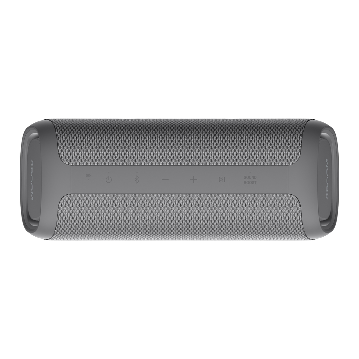 Un altavoz portátil LG XBOOM gris. Tiene botones de volumen y función.