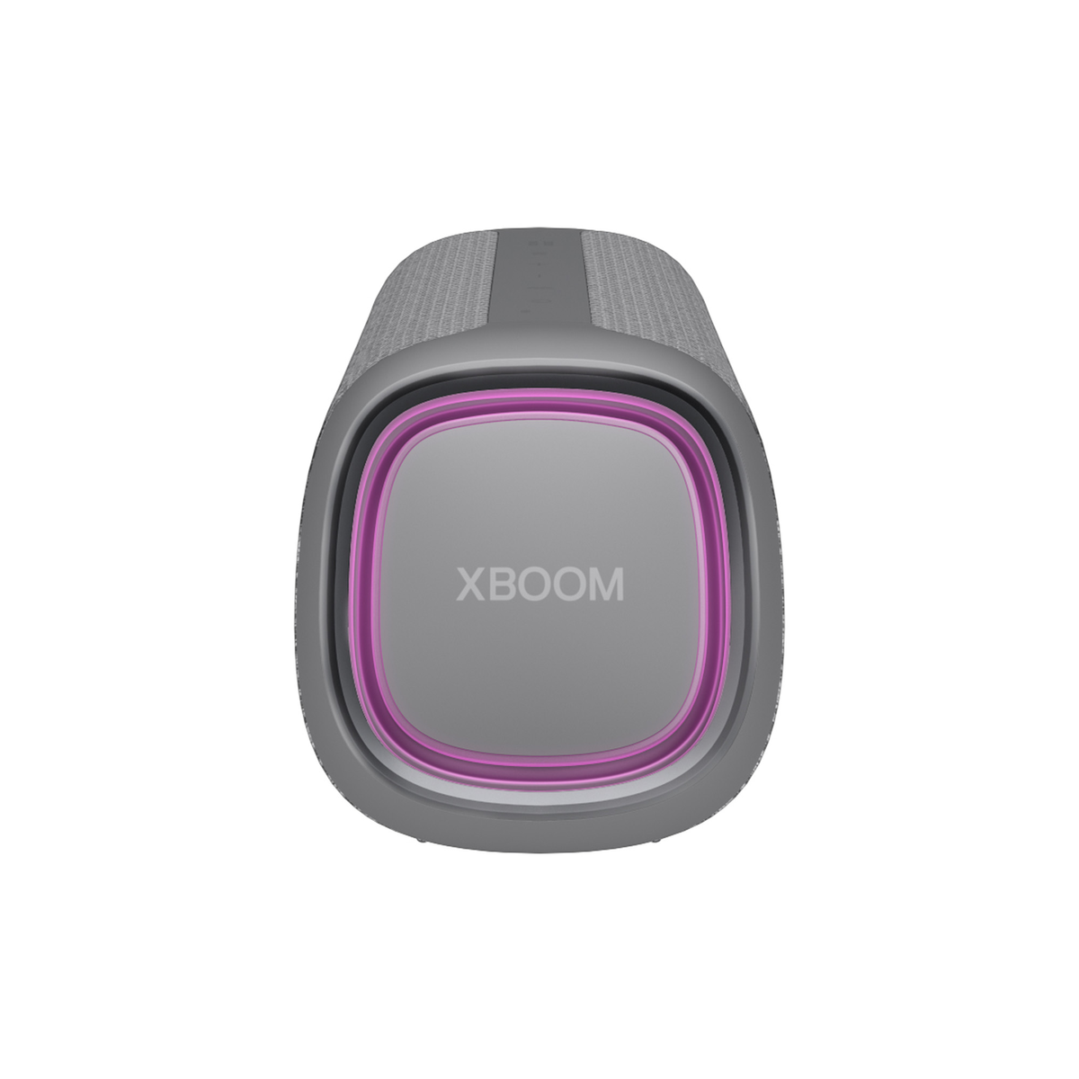 Altavoz XBOOM gris, vista superior. Tiene un círculo rosa alrededor del centro, y XBOOM escrito en él.