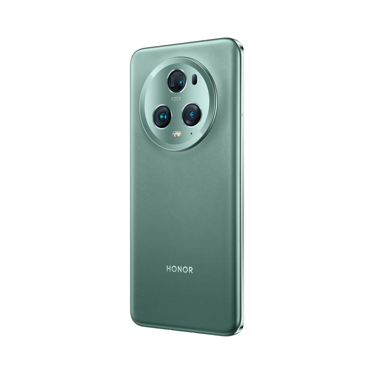 Zielony telefon z trzema aparatami z tyłu, czarne tło.