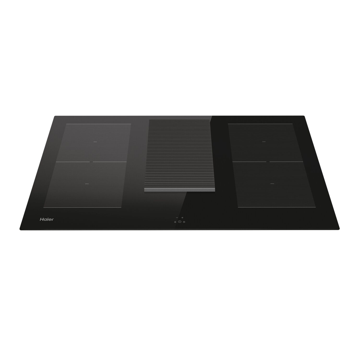 Una placa de inducción negra con tres zonas de cocción. Logotipo de Haier visible.