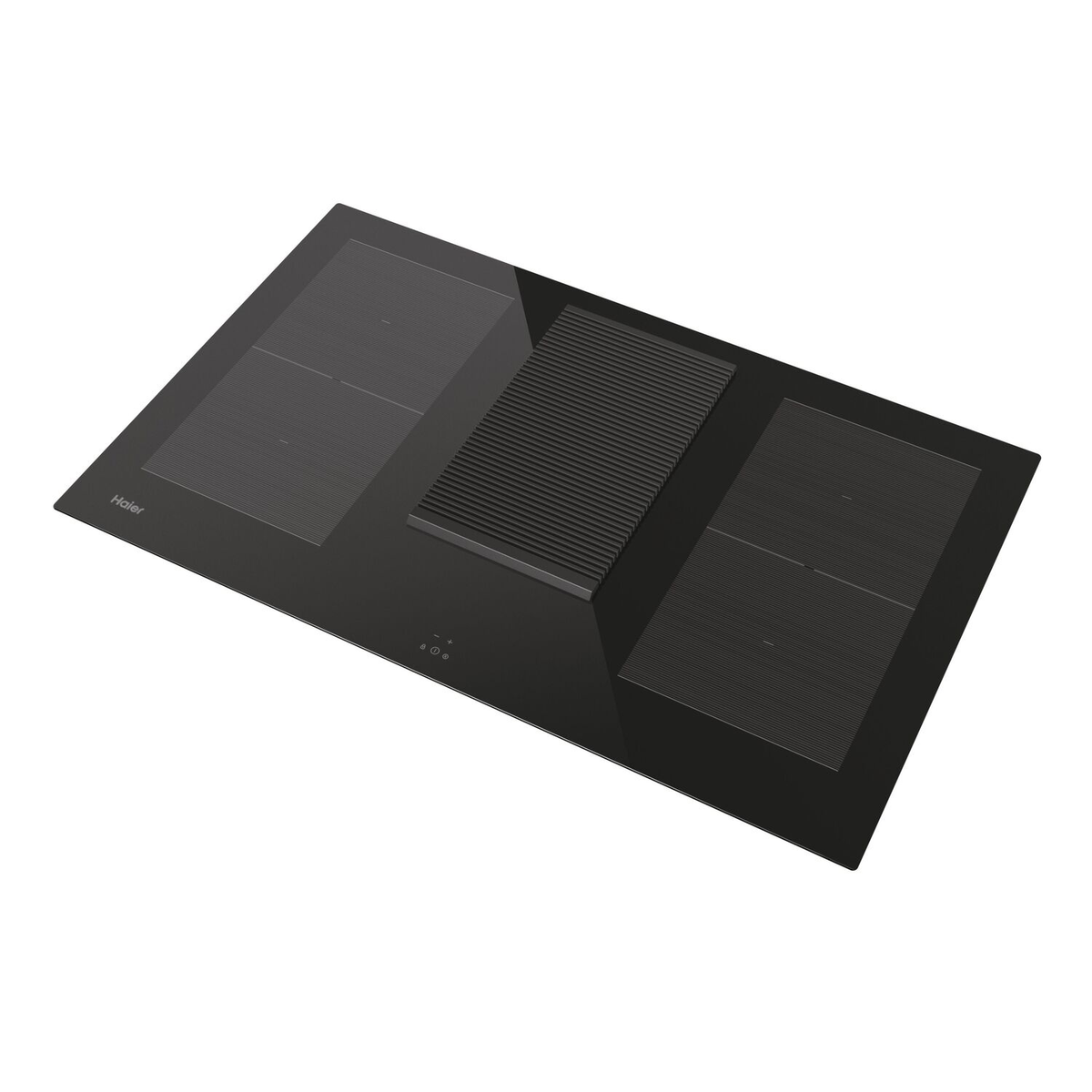 Placa de inducción negra. Tres zonas de cocción, una con parrilla. Superficie de vidrio.