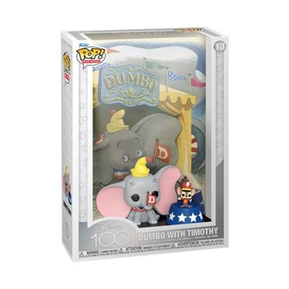 Una figura de Dumbo Funko Pop en su caja, con figuras de Dumbo y Timothy visibles.