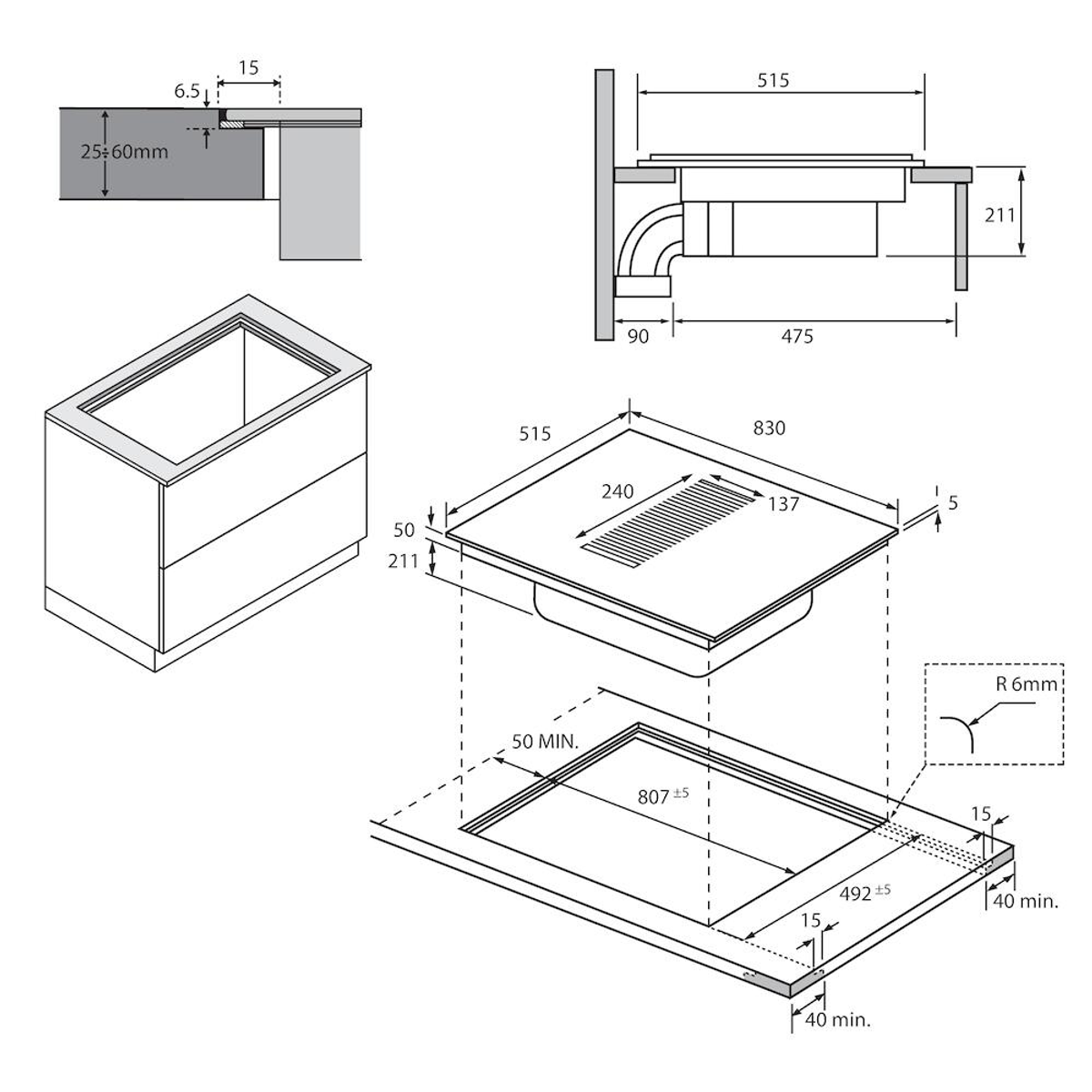 Dibujo técnico de una encimera con dimensiones y especificaciones de corte.