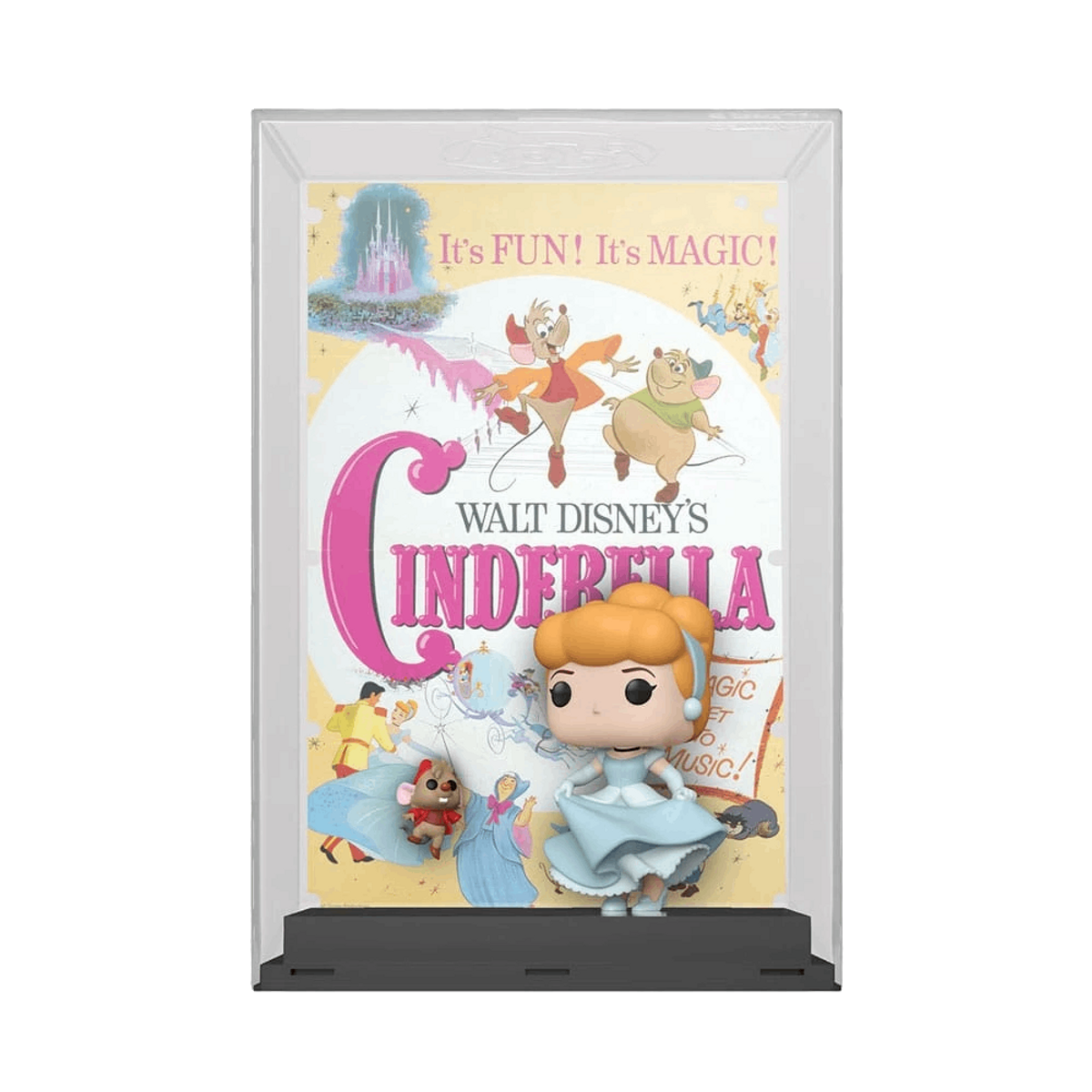 Figura Funko Pop de Cenicienta en una vitrina con el póster de la película de fondo.