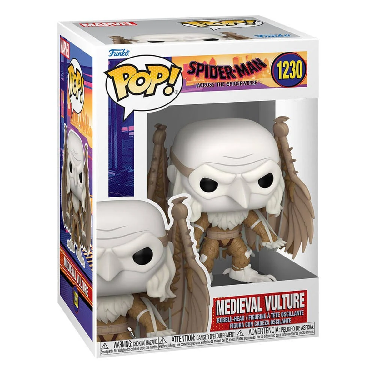 Funko Pop von Medieval Vulture aus Spider-Man. Es hat einen weißen Kopf und braune Flügel.