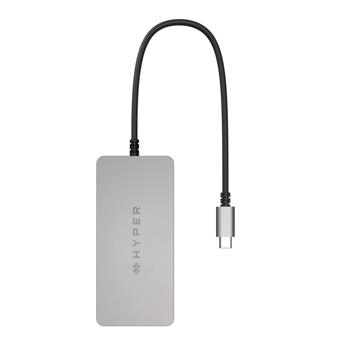 Un concentrador USB-C Hyper plateado con cable negro y conector USB-C.