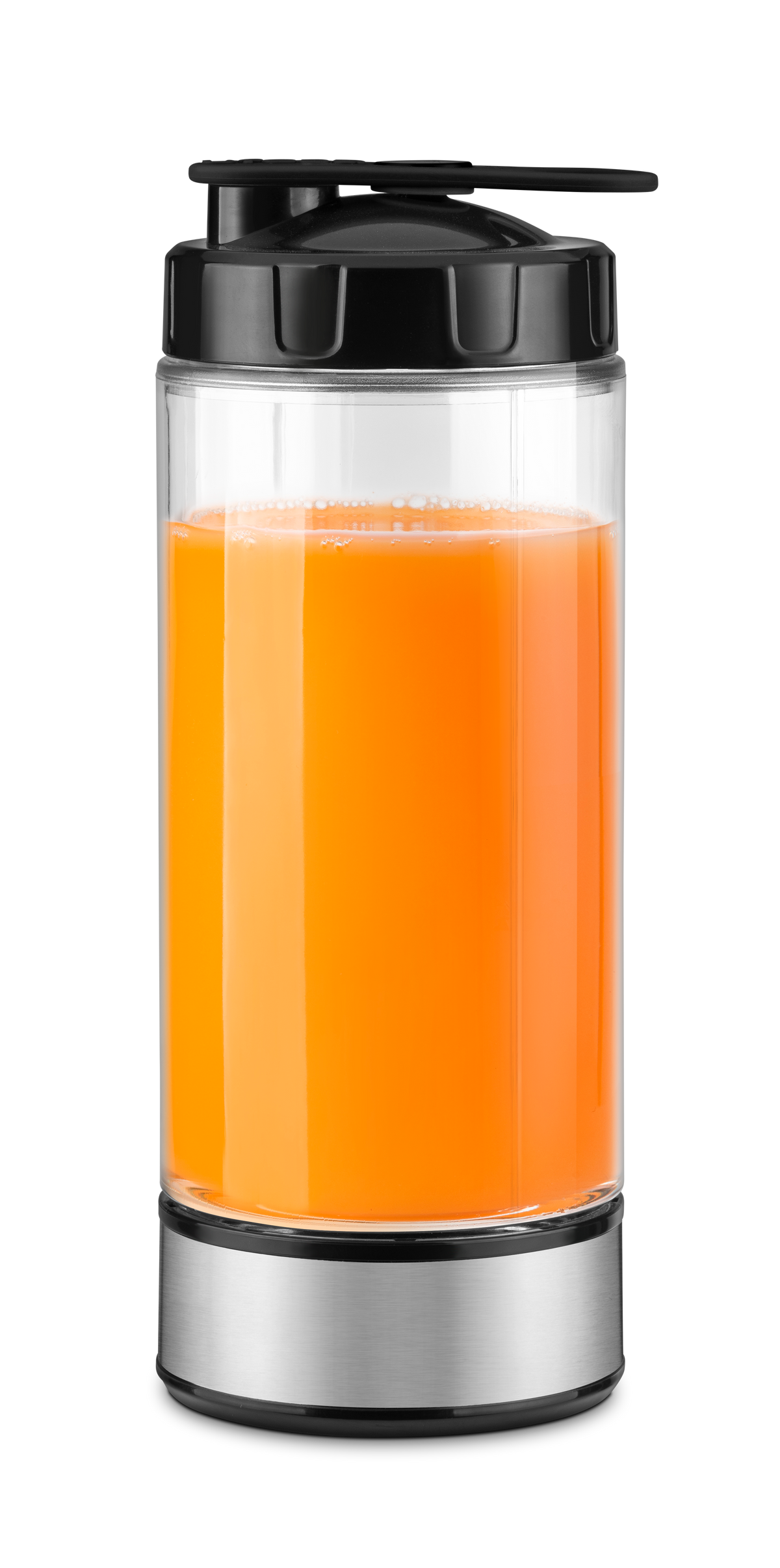 Una botella cilíndrica transparente con líquido naranja en su interior, con tapa negra y base plateada.