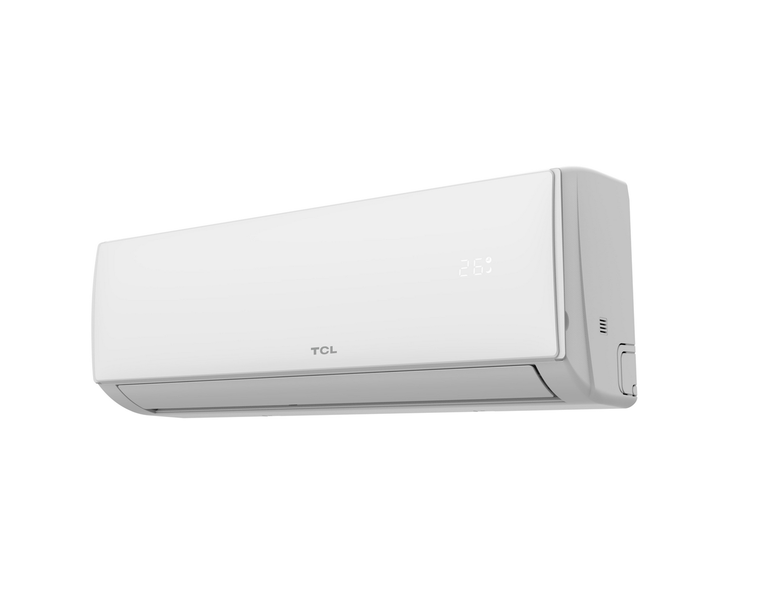 Unidad de aire acondicionado TCL blanca con pantalla digital de temperatura, aislada.