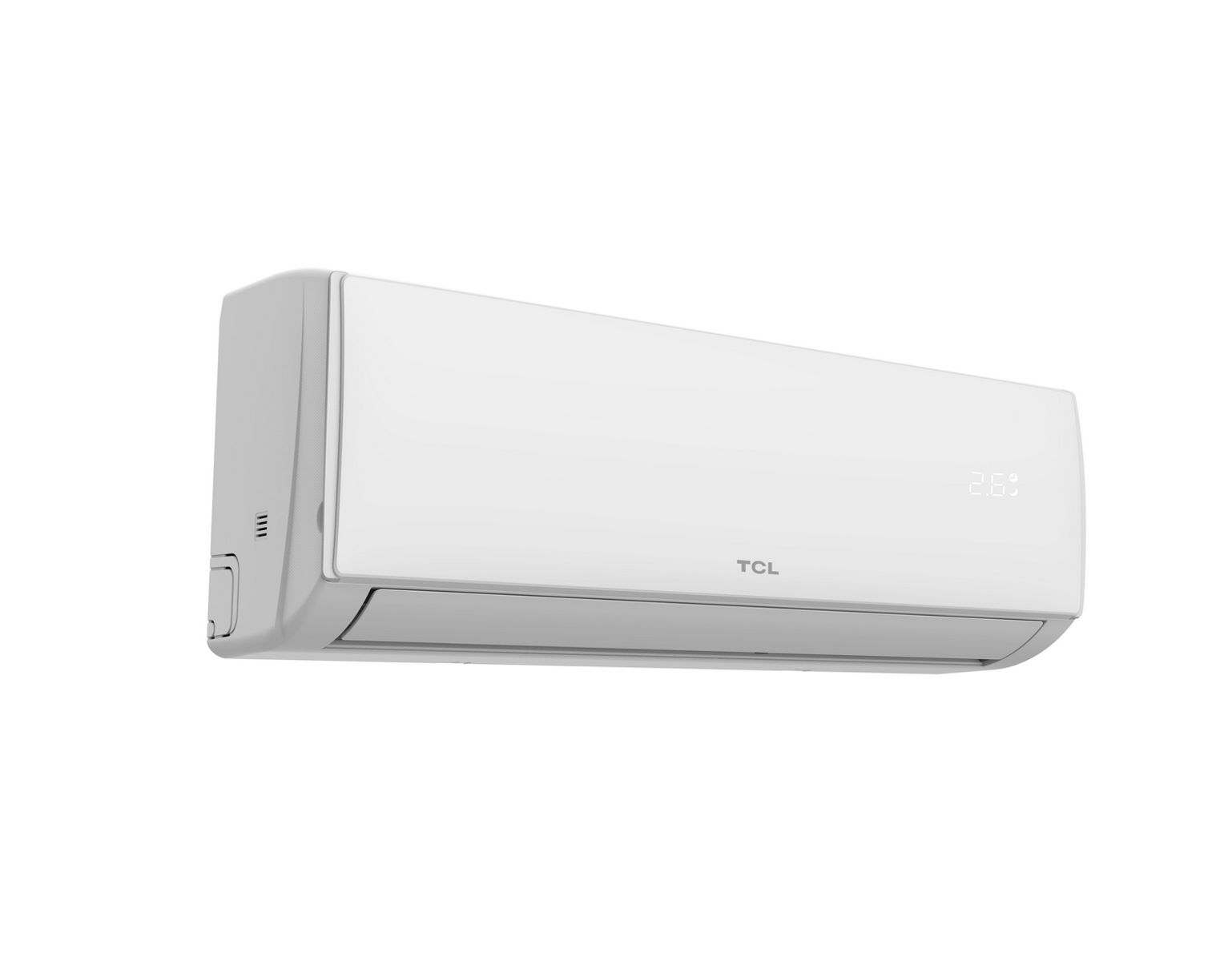 Aire acondicionado TCL blanco montado en pared, mostrando una pantalla digital.