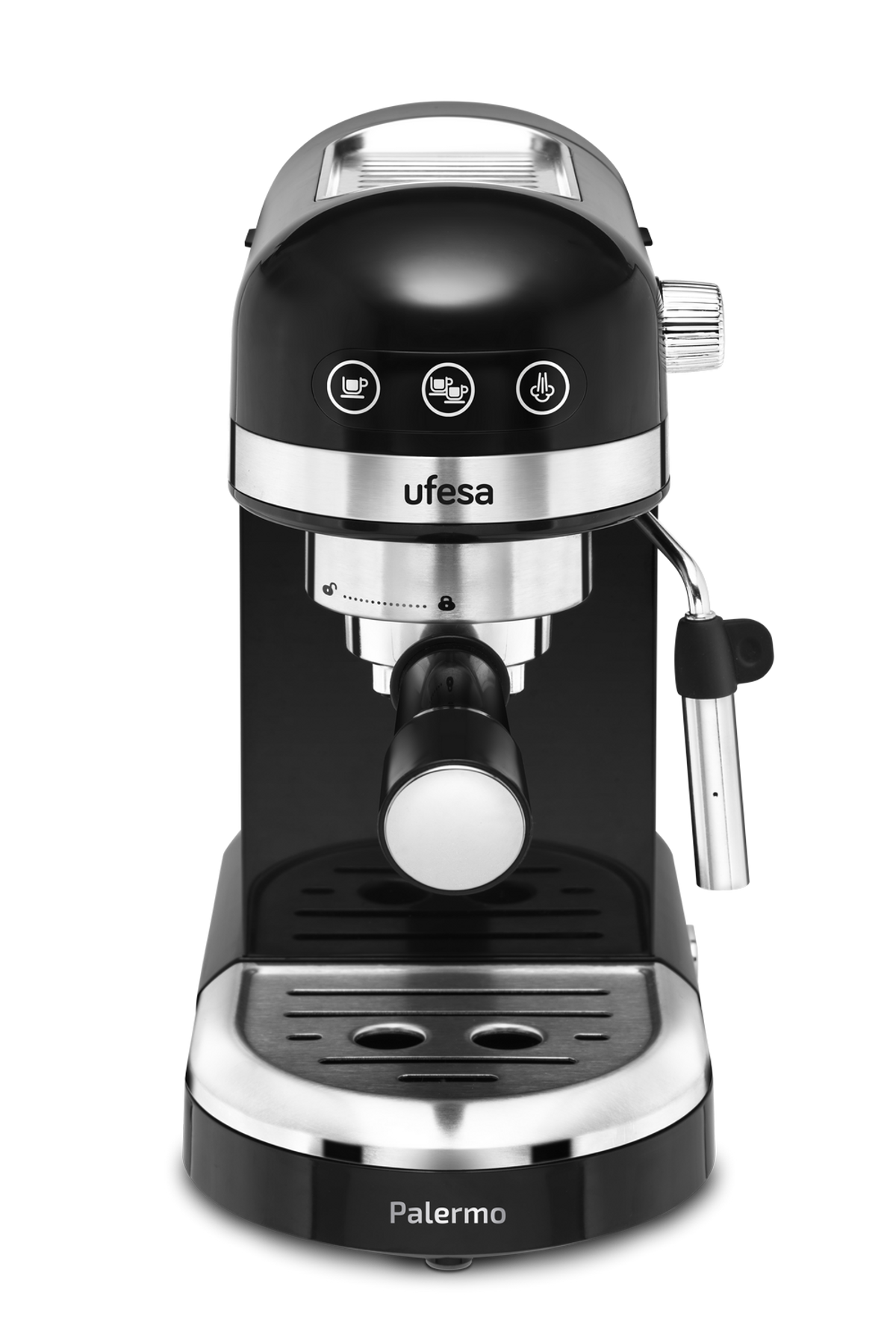 Czarny ekspres do kawy Ufesa Palermo z przyciskami, kolbą i srebrną podstawą.