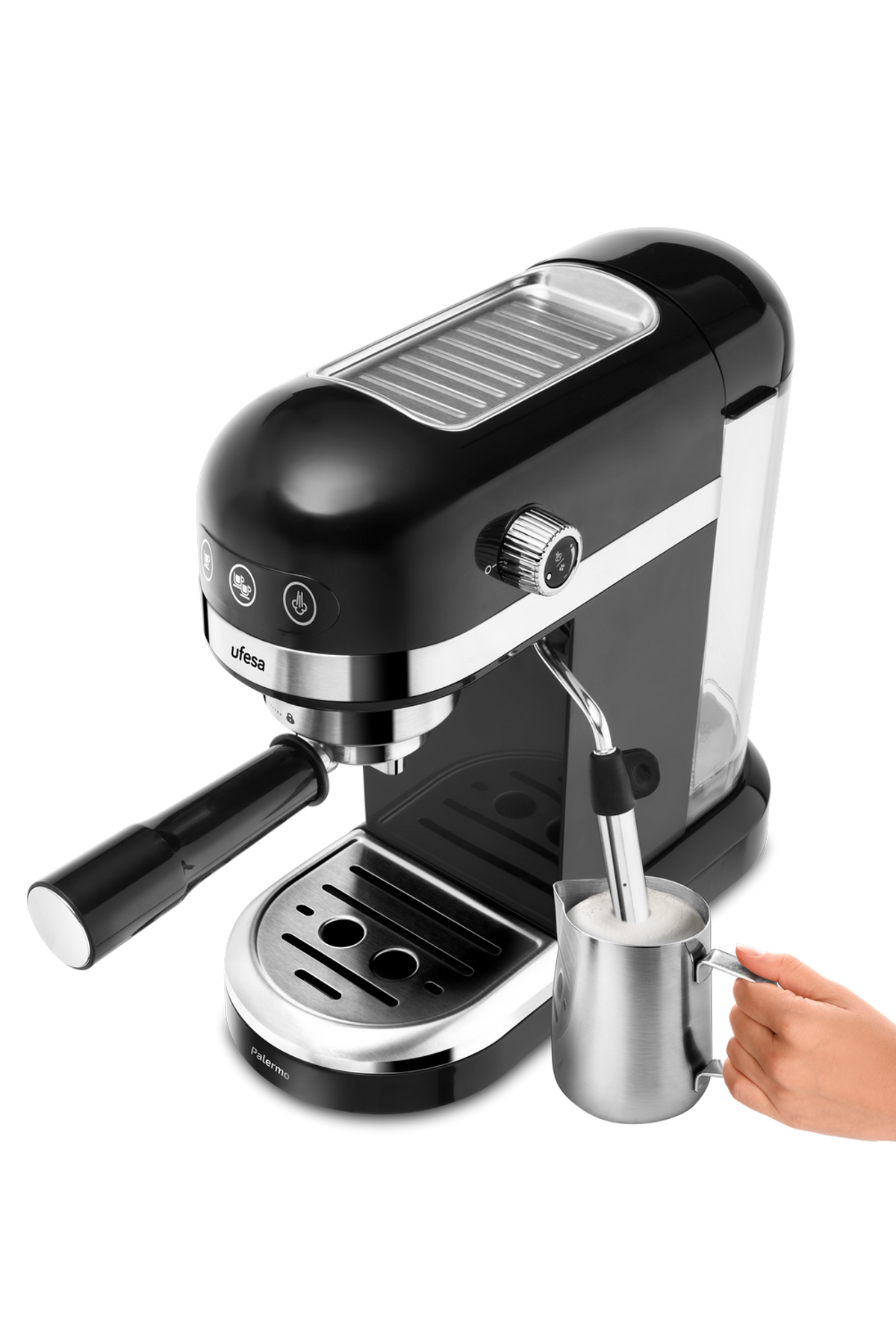 Czarno-srebrny ekspres do kawy z dzbankiem do spieniania mleka.