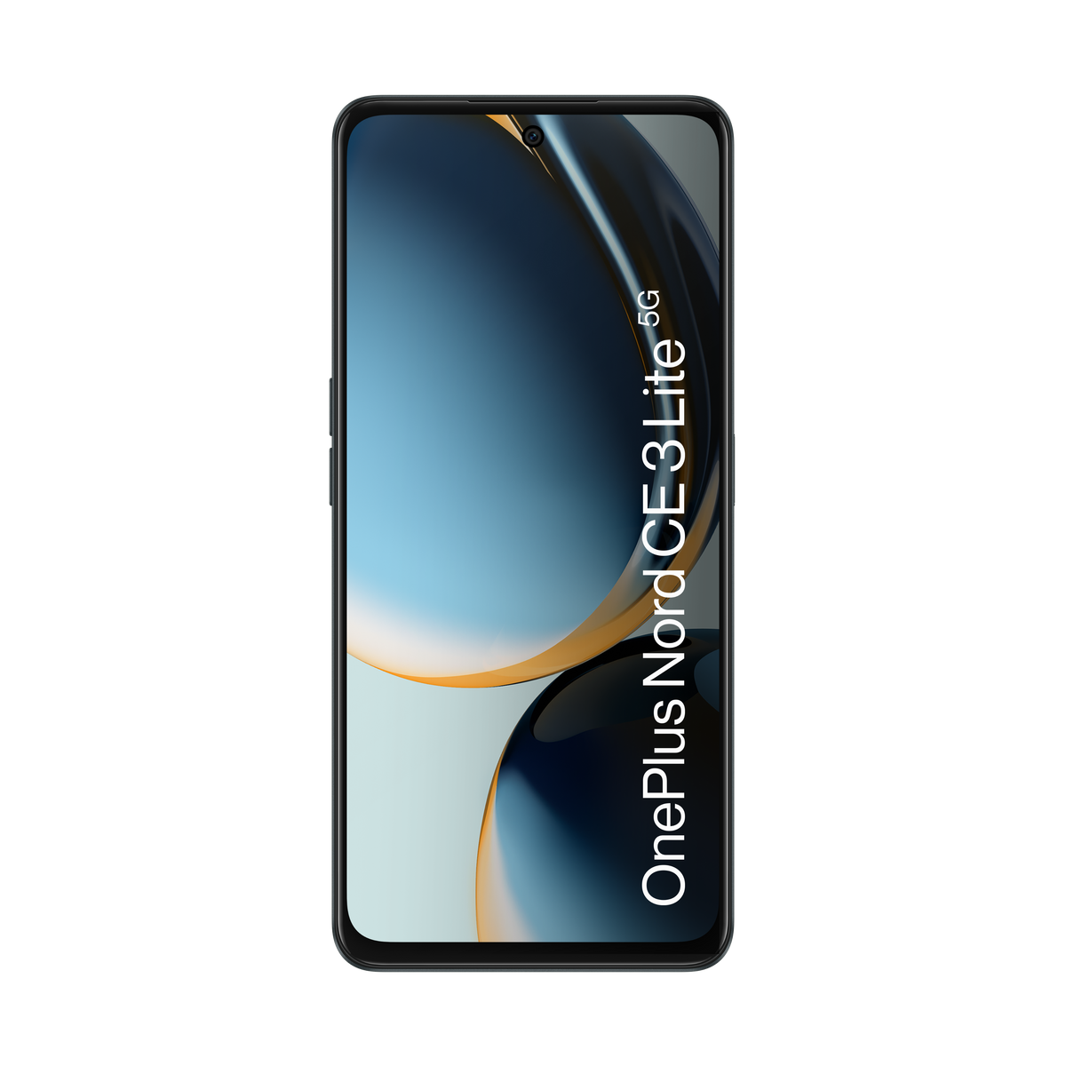 Schwarzes Telefon mit farbigem Bildschirm auf schwarzem Hintergrund. Das Telefon hat das OnePlus Nord CE 3 Lite 5G Logo.