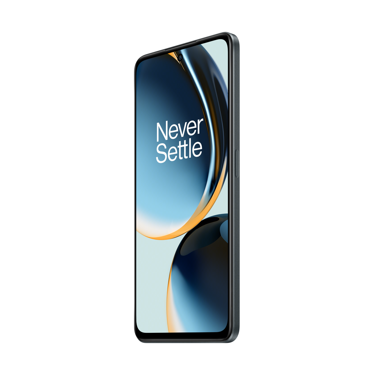 Ein schwarzes Telefon zeigt ein blaues und gelbes abstraktes Design mit dem Text 'Never Settle'.