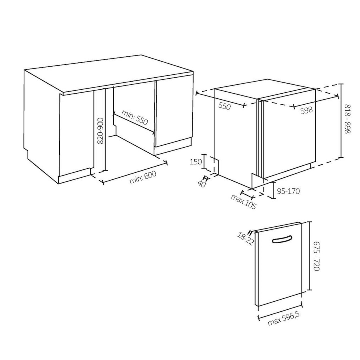 Diagrama de una cocina con encimera y lavavajillas, incluidas las dimensiones en mm.