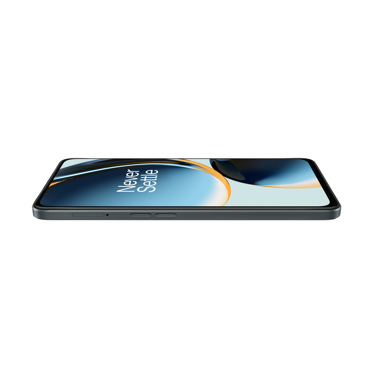 Ein Smartphone liegt flach und zeigt ein blaues Display mit den Worten 'Never Settle'.
