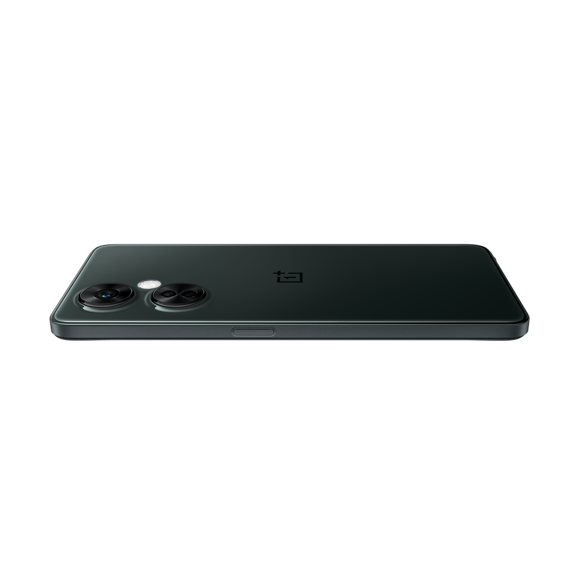 Dunkelgrünes OnePlus-Handy, das auf einem schwarzen Hintergrund auf der Seite liegt.