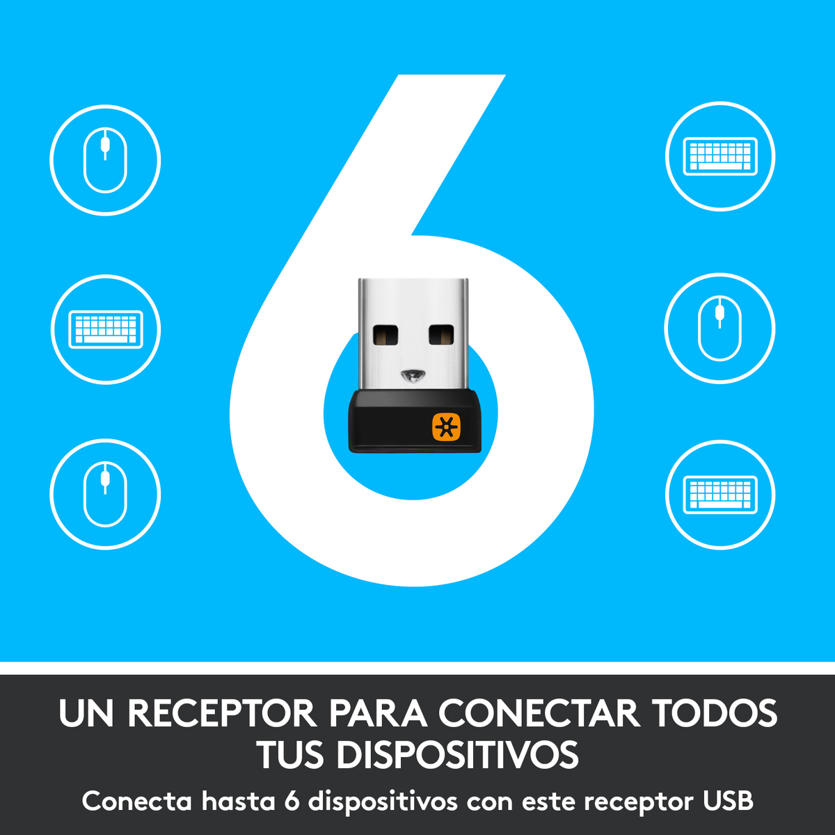 Odbiornik USB z czarnym i pomarańczowym designem otoczony ikonami.