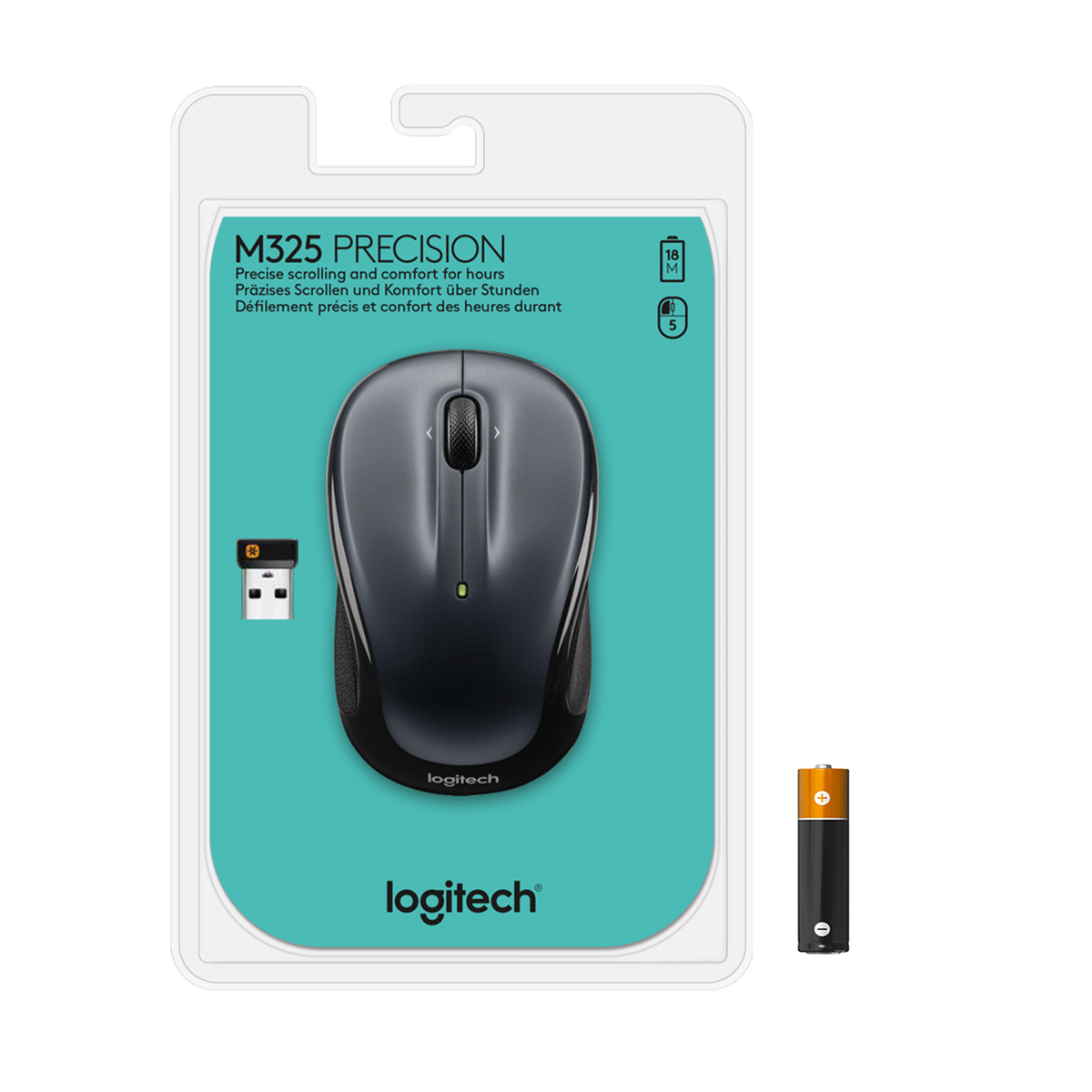 Mysz Logitech w opakowaniu z baterią.