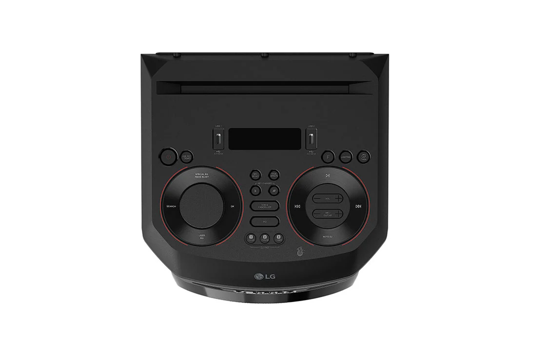 Schwarzes LG Audiogerät. Es hat Knöpfe, Drehregler und ein Display auf der Vorderseite.