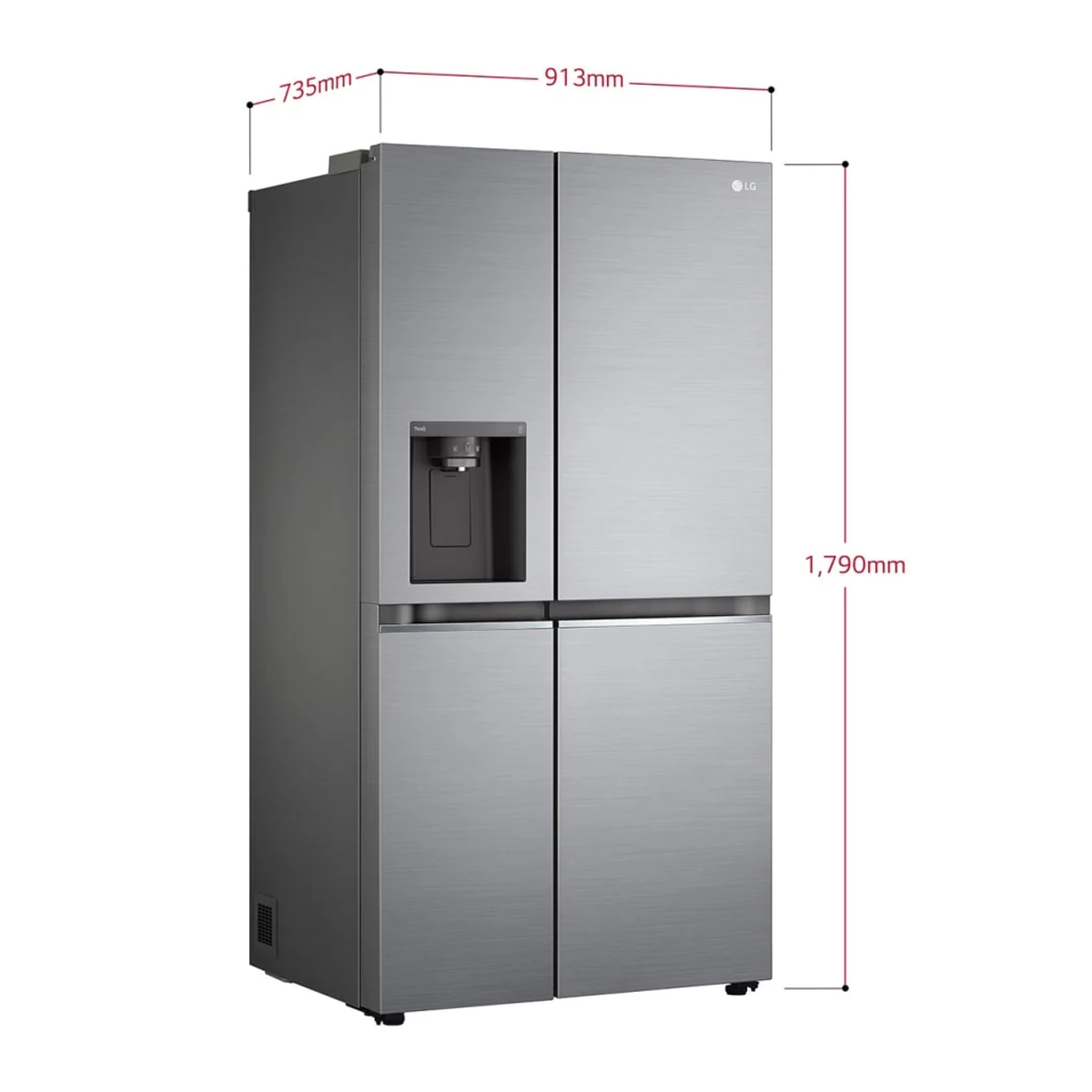 Edelstahl-Kühlschrank mit vier Türen und Maßen.