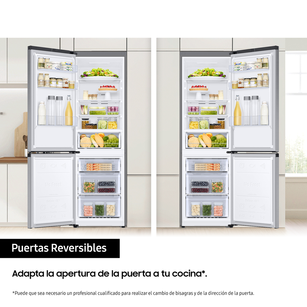Otwarta srebrna lodówka z jedzeniem w środku. Dwa drzwi. Czarne tło. Hiszpański tekst.