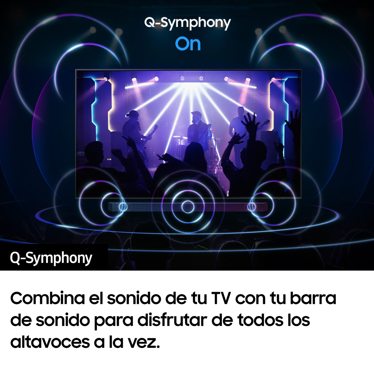 Pantalla de TV mostrando una escena de concierto con visuales de ondas de audio y las palabras 'Q-Symphony On'.