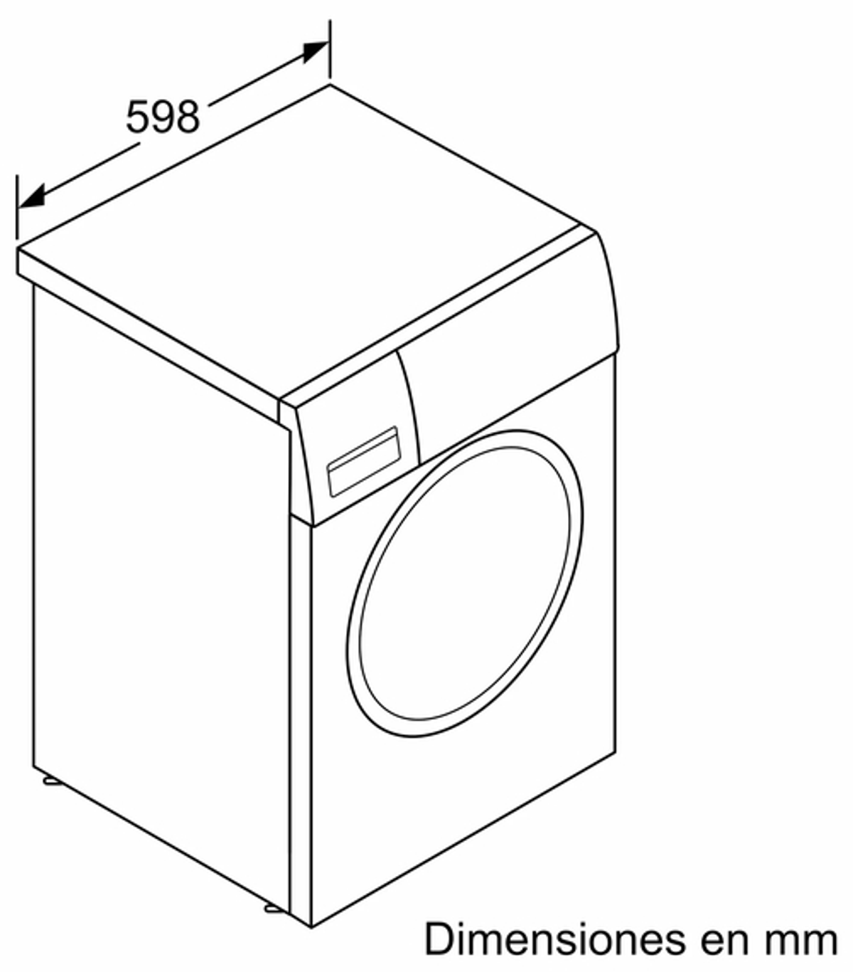 Vista isométrica de una lavadora con dimensiones. Tiene una puerta redonda.