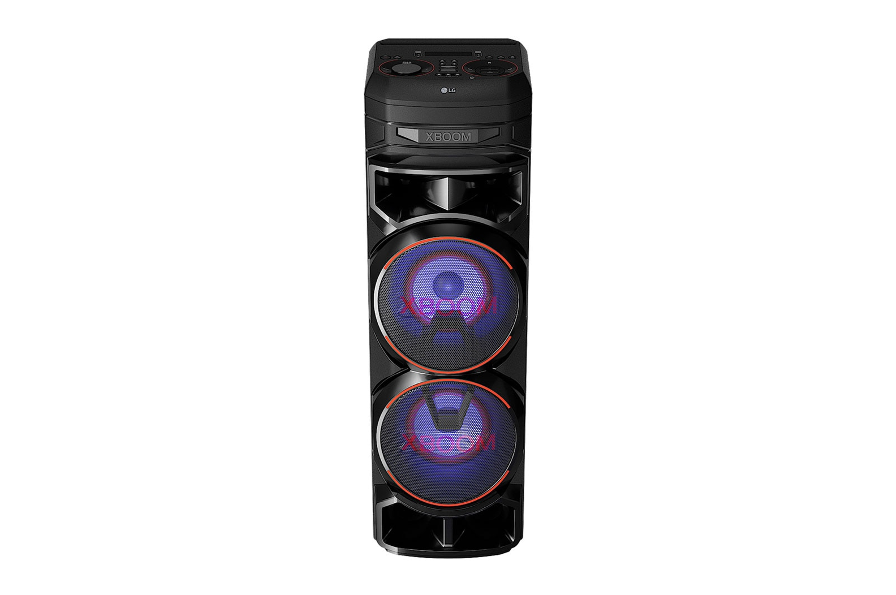 Schwarzer LG XBOOM-Lautsprecher, hoch mit zwei beleuchteten Lautsprecherabschnitten.