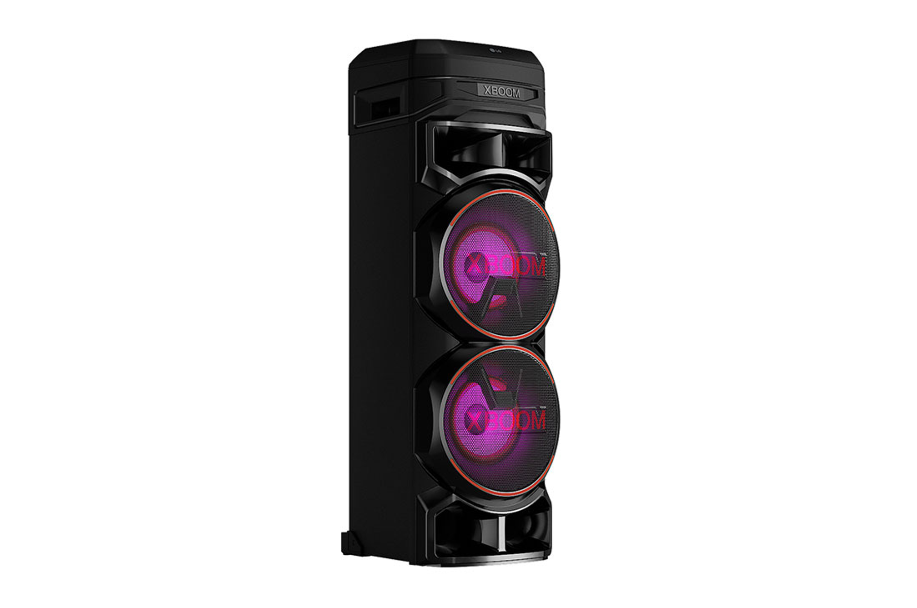 Schwarzer LG XBOOM-Lautsprecher mit Lichtern, schräge Ansicht.