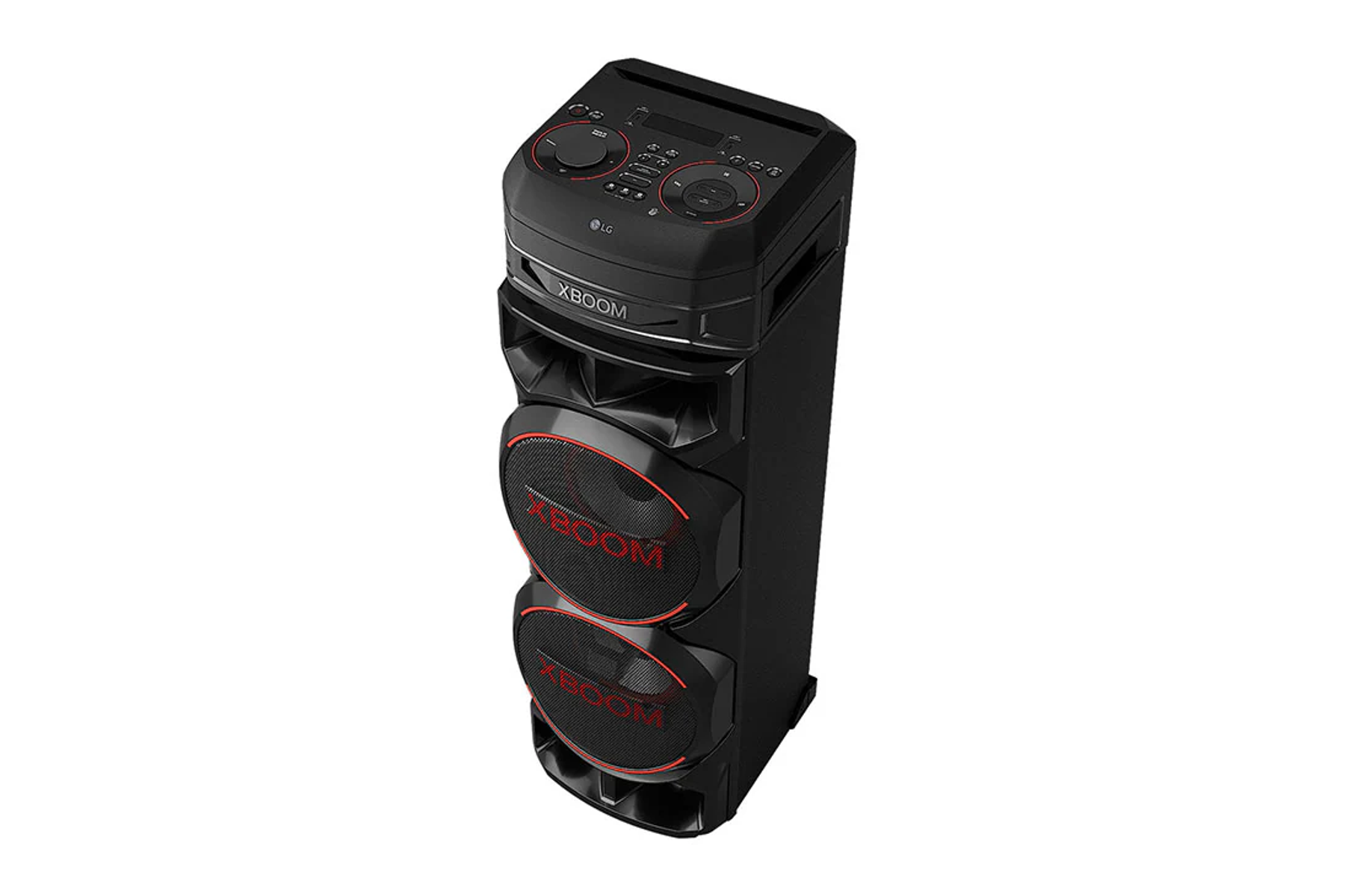 Schwarzer LG XBOOM-Lautsprecher mit roten Akzenten, drei Lautsprechergrills.