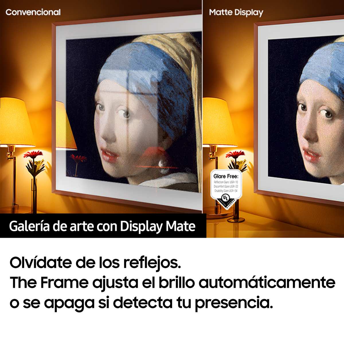 Wyświetlacz sztuki z obrazem, pokazujący technologię antyodblaskową.