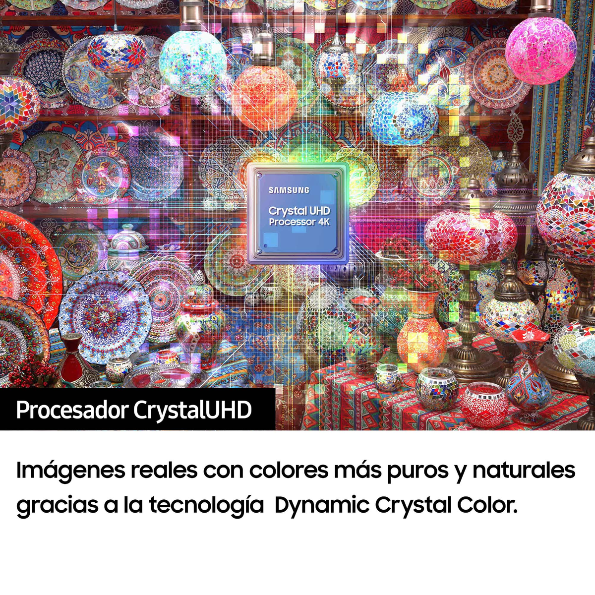 Ekran telewizora z logo Samsung i procesorem Crystal UHD.