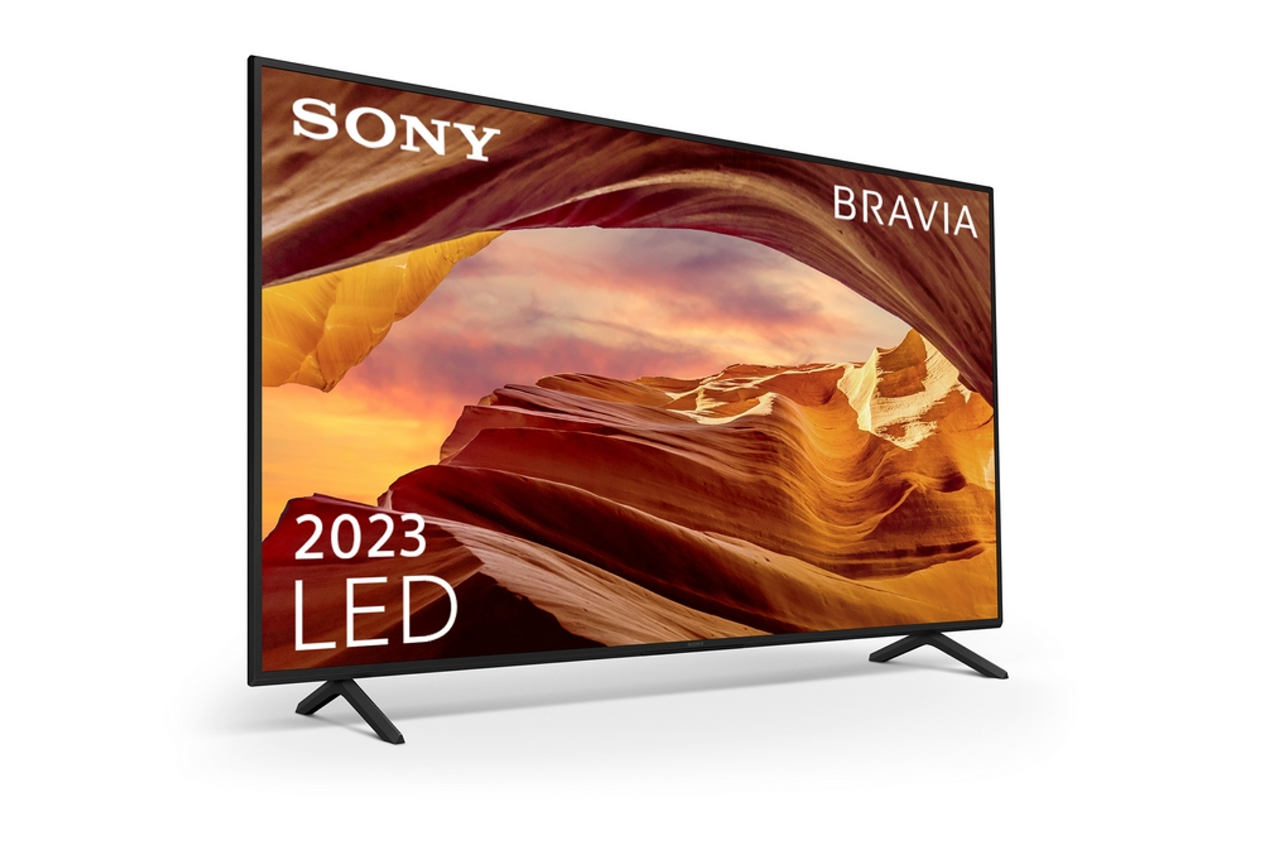 Sony Bravia LED-TV auf weißem Hintergrund, Wüstenlandschaft.
