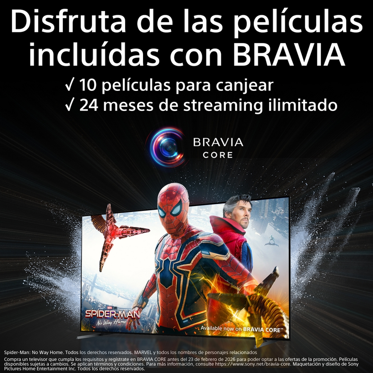 Spider-Man e Doctor Strange su uno schermo TV, con testo promozionale BRAVIA CORE.