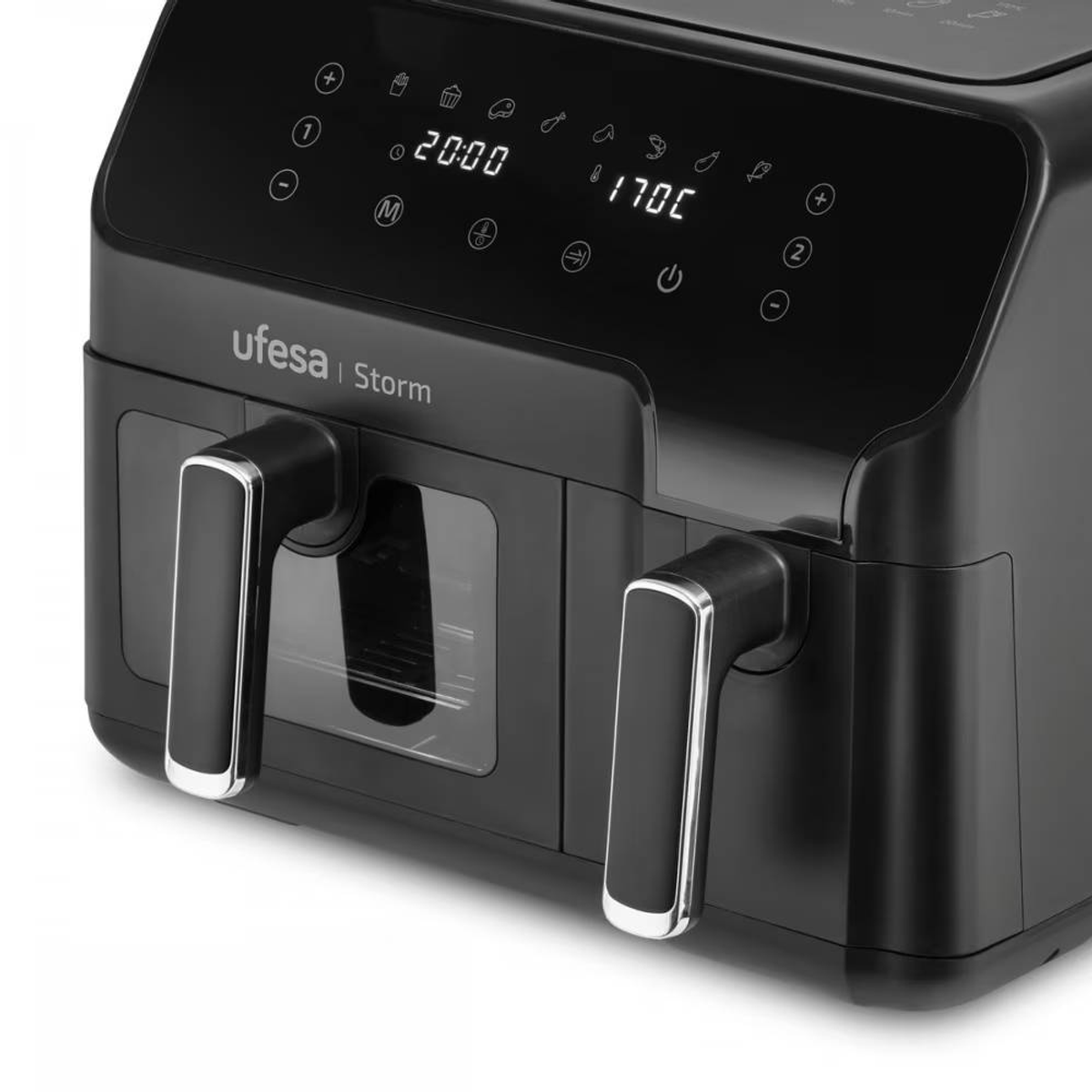 Friggitrice ad aria Ufesa Storm nera con doppie maniglie, che mostra il display digitale.