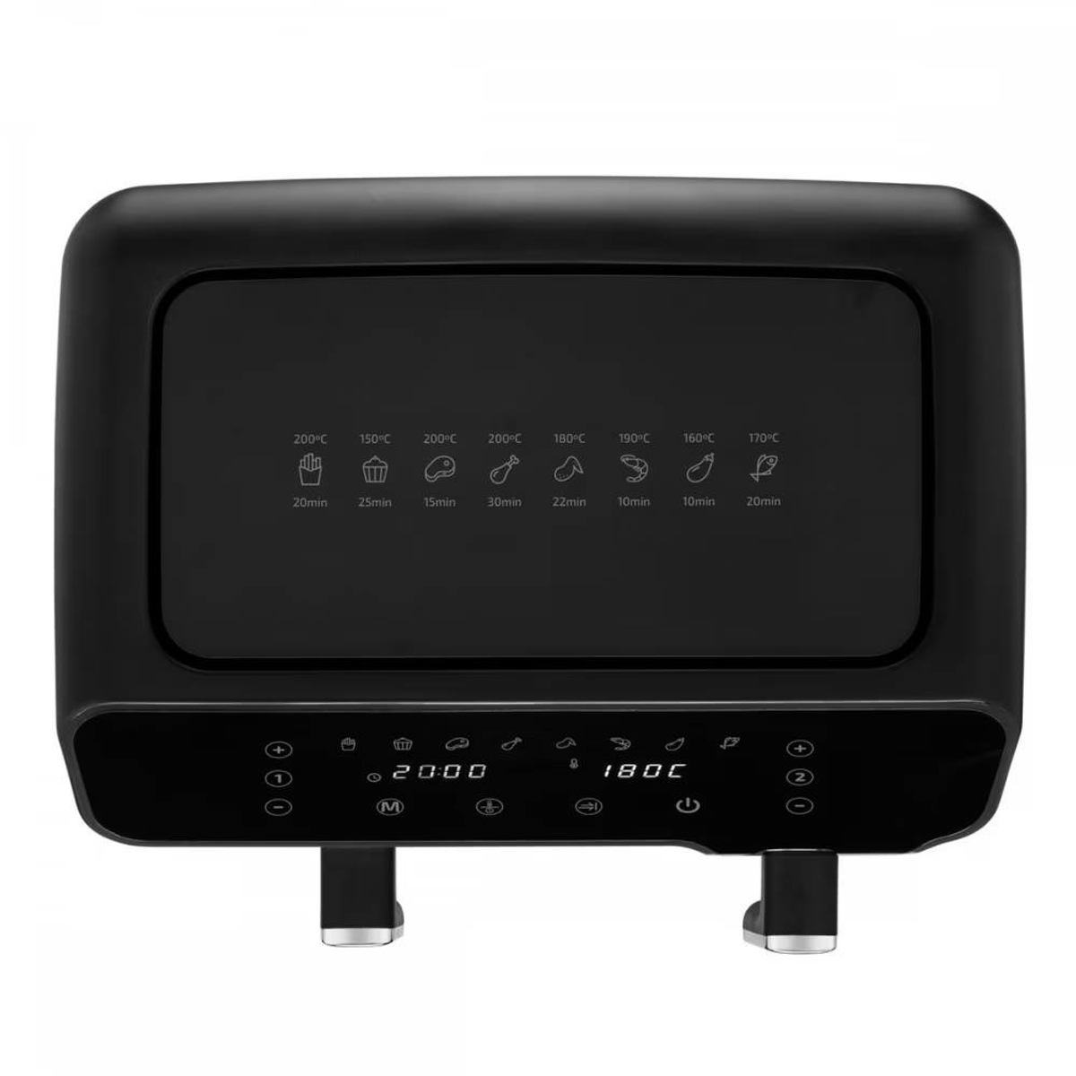 Friggitrice ad aria nera, vista frontale. Mostra il display con le impostazioni.