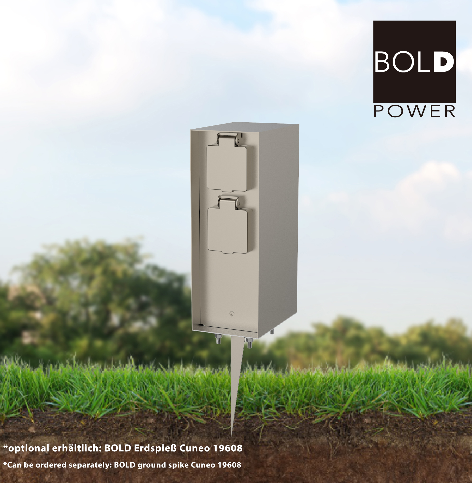 Eine Steckdose für den Außenbereich. Sie hat zwei Steckdosen. Der Text "BOLD POWER" ist oben rechts zu sehen.