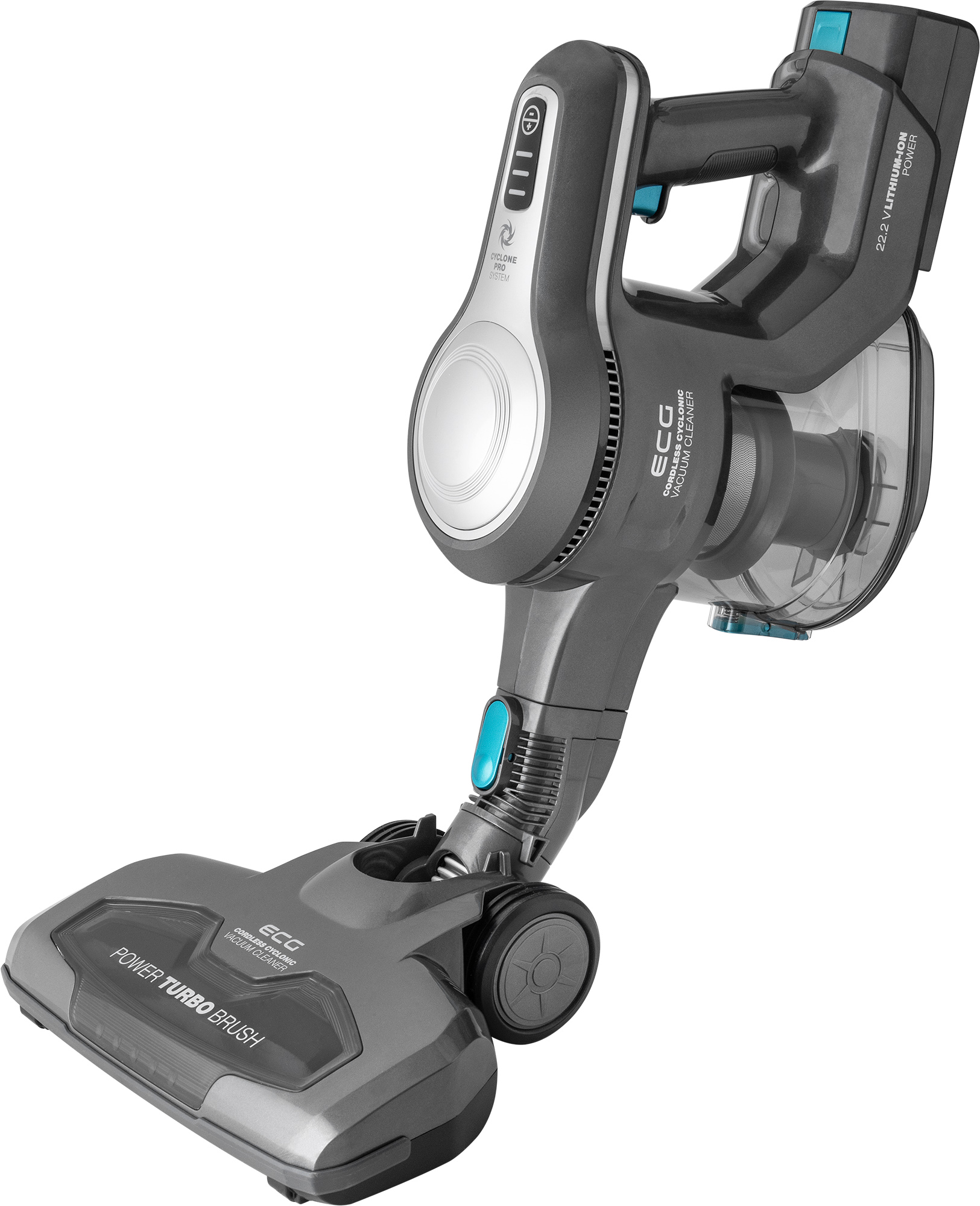 Grauer kabelloser Staubsauger mit schwarzem Griff und Power-Turbobürste.
