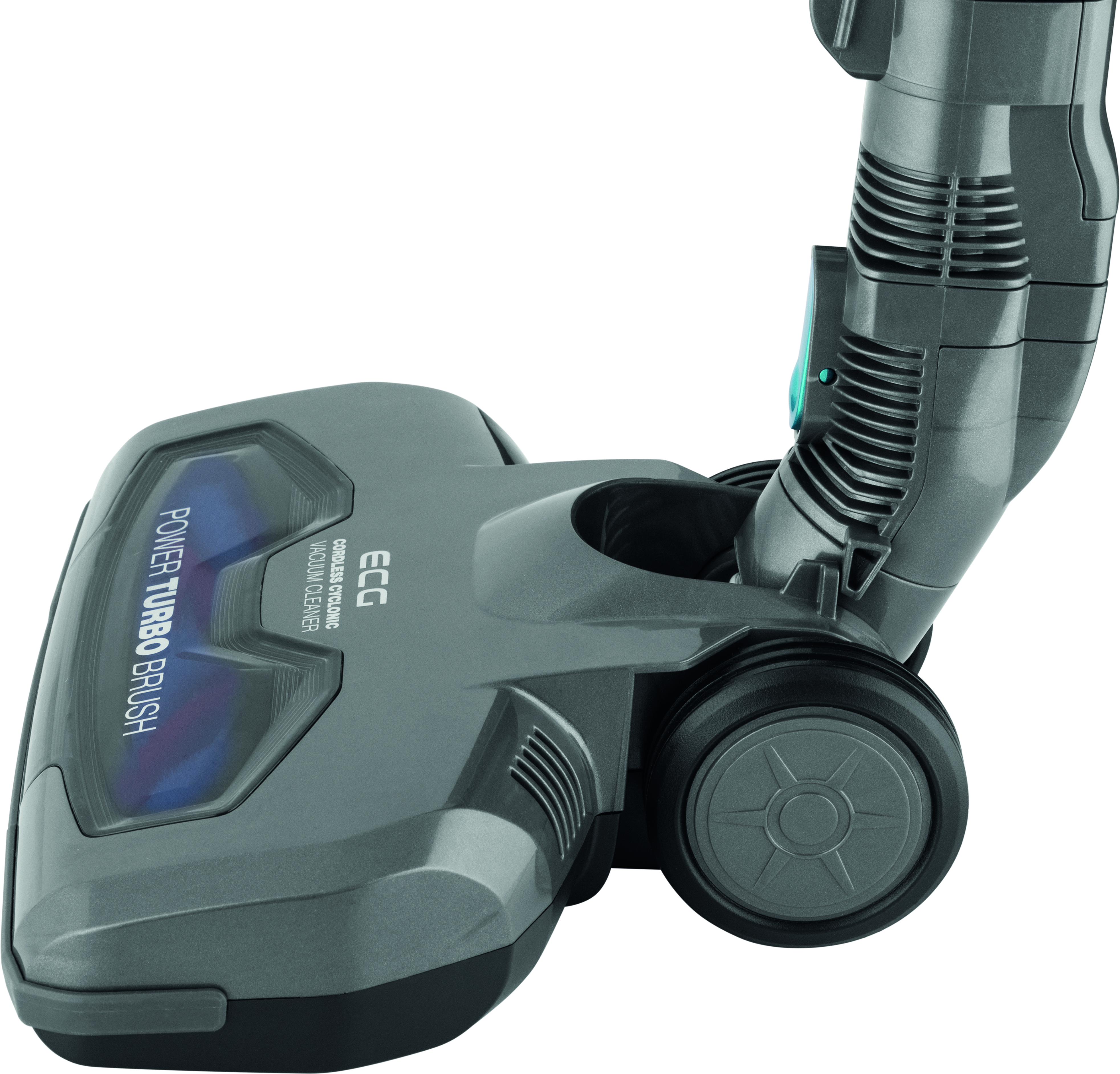 Ein grauer Staubsaugerkopf mit den Worten POWER TURBO BRUSH. Die Räder sind sichtbar.