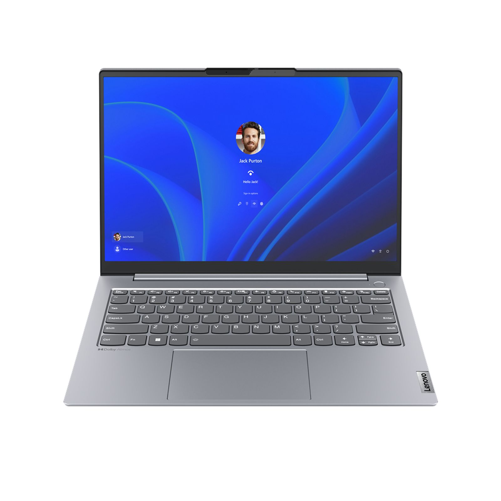 Laptop mit blauem Bildschirm, der ein Benutzerprofil anzeigt. Graue Tastatur und Touchpad. Das Lenovo-Logo ist sichtbar.