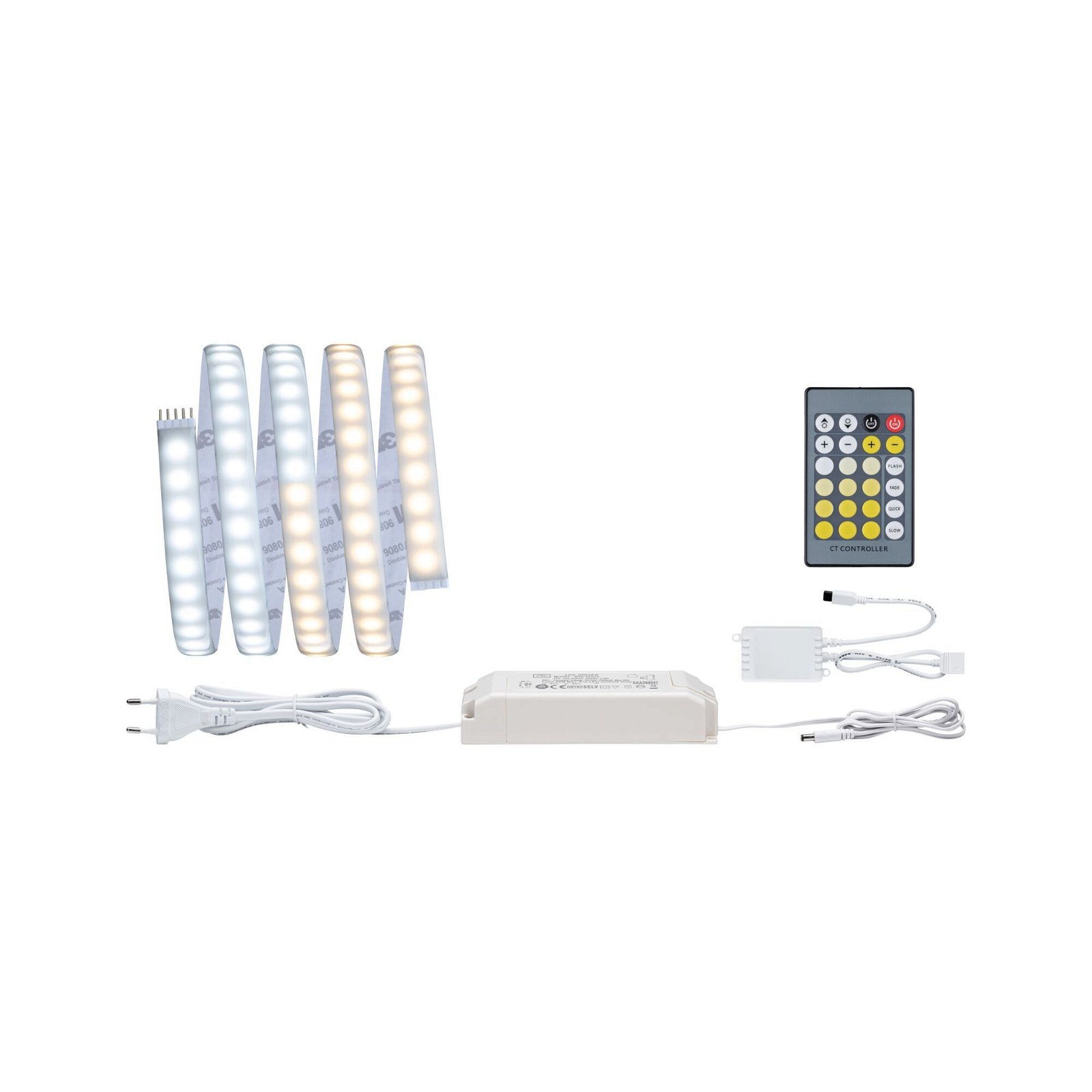 Eine Sammlung von LED-Streifen, Netzteil und Fernbedienung auf weißem Hintergrund.