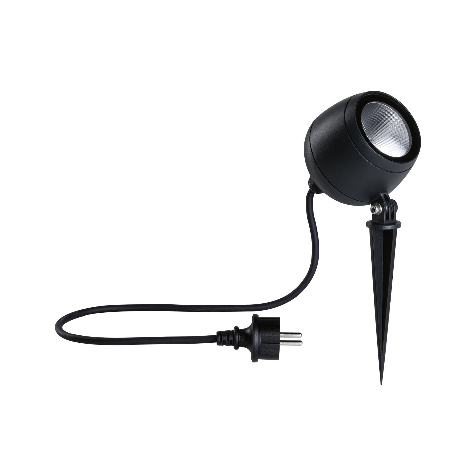 Czarny reflektor zewnętrzny z wtyczką. Światło skierowane jest w dół. Białe tło.