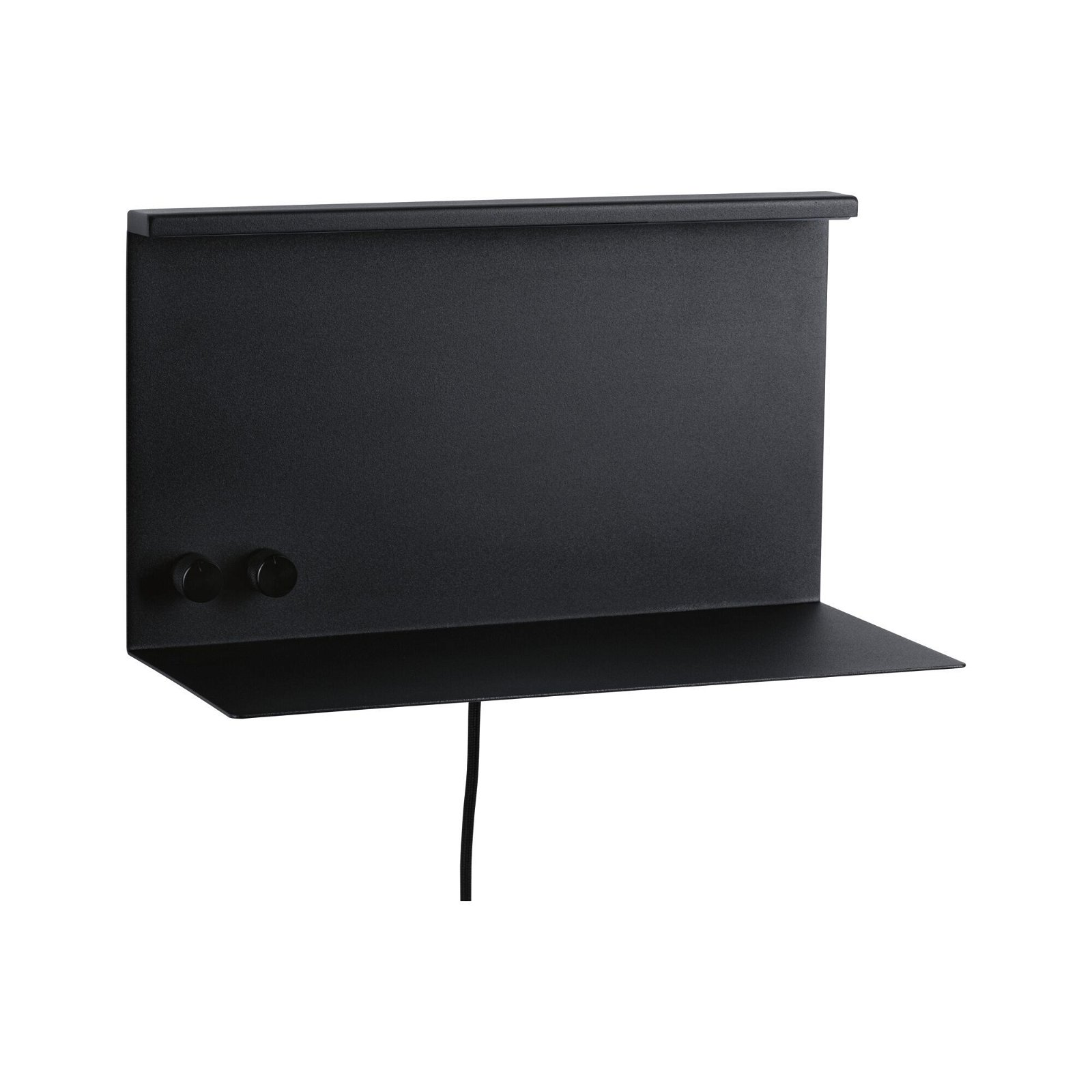 Czarna półka naścienna z dwoma pokrętłami po lewej stronie i zwisającym kablem zasilającym.