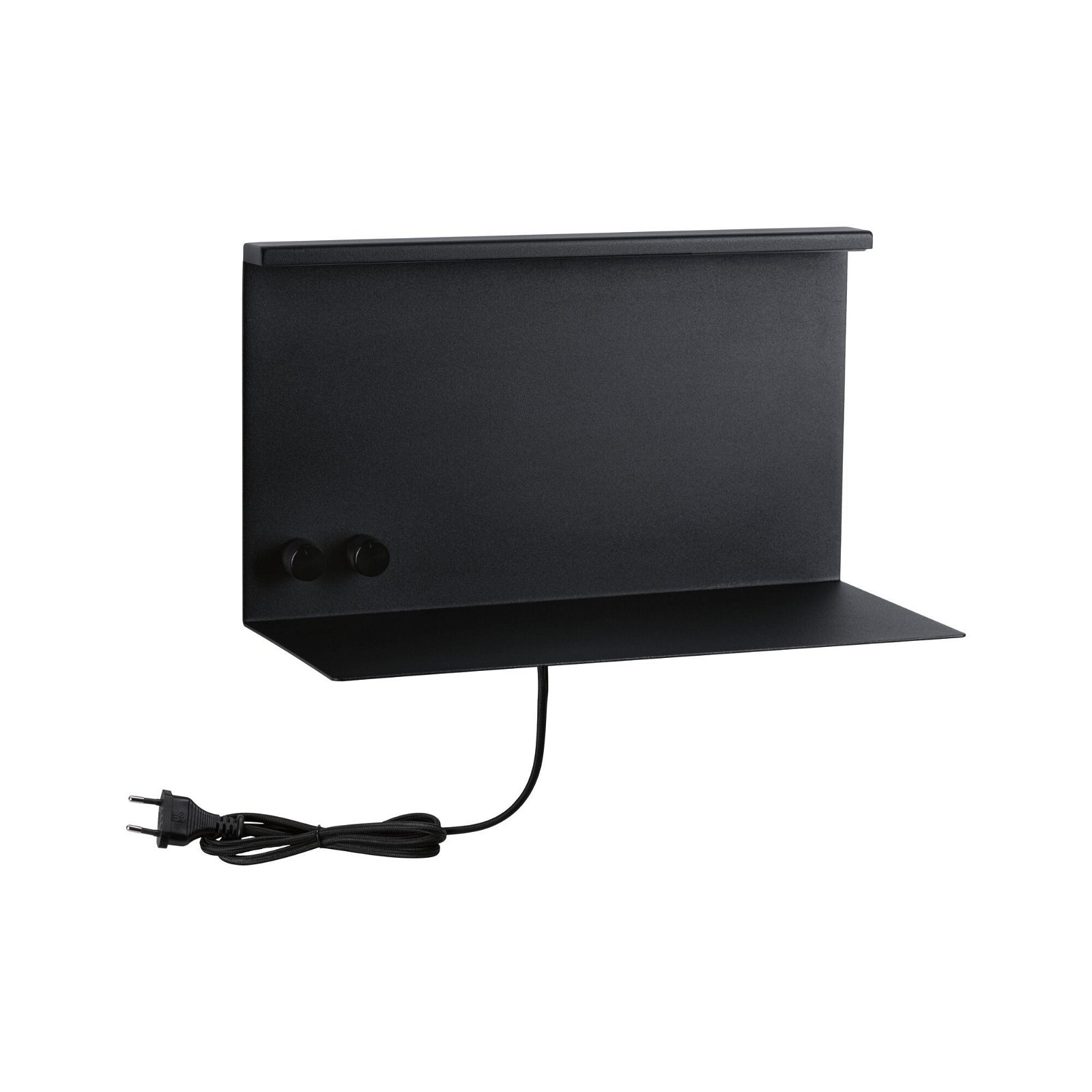 Czarna półka ścienna z dwoma pokrętłami i przewodem zasilającym.